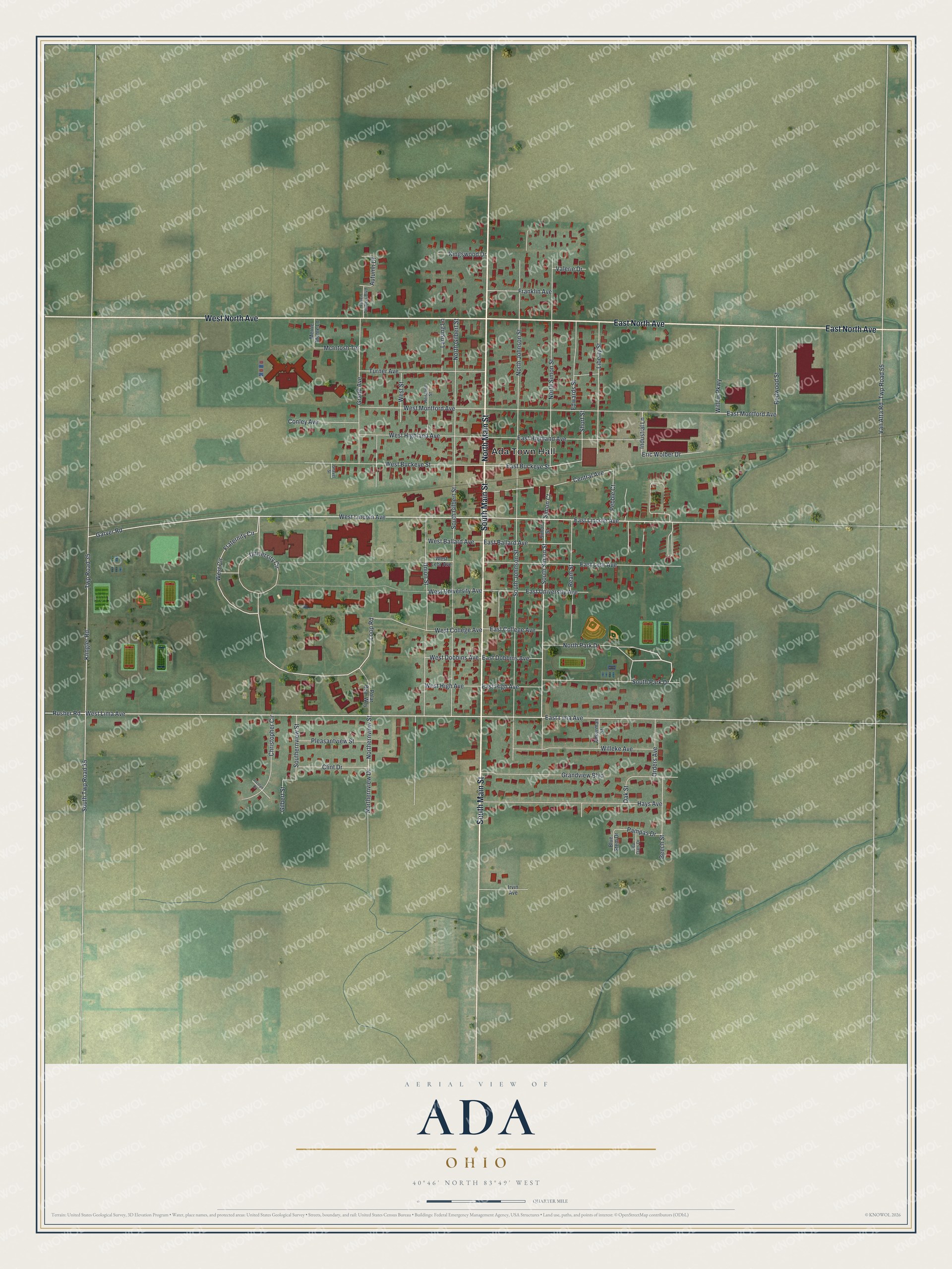 Full map of Ada, Ohio, with red buildings, printed street names and the land around them