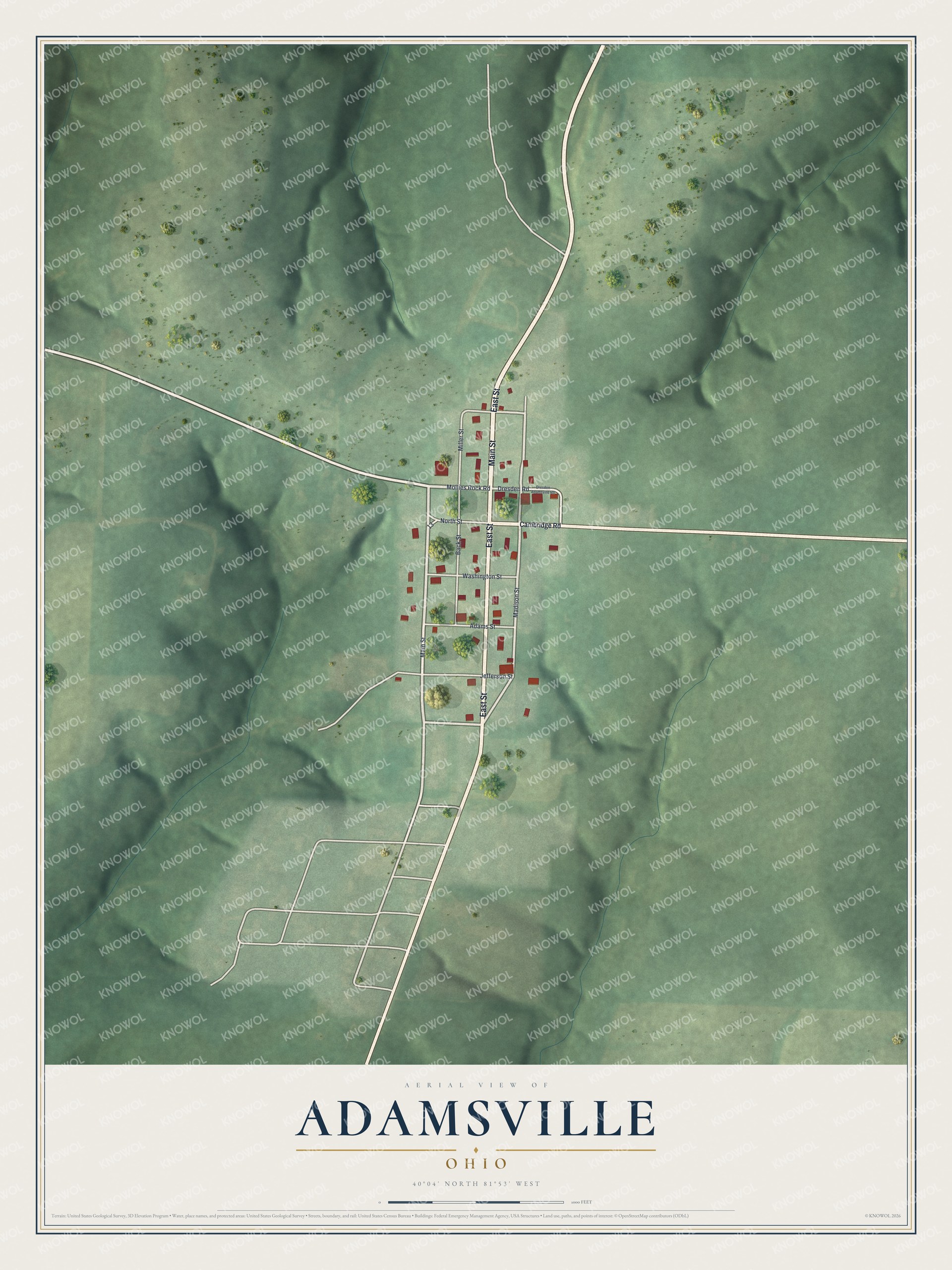 Full map of Adamsville, Ohio, with red buildings, printed street names and the land around them