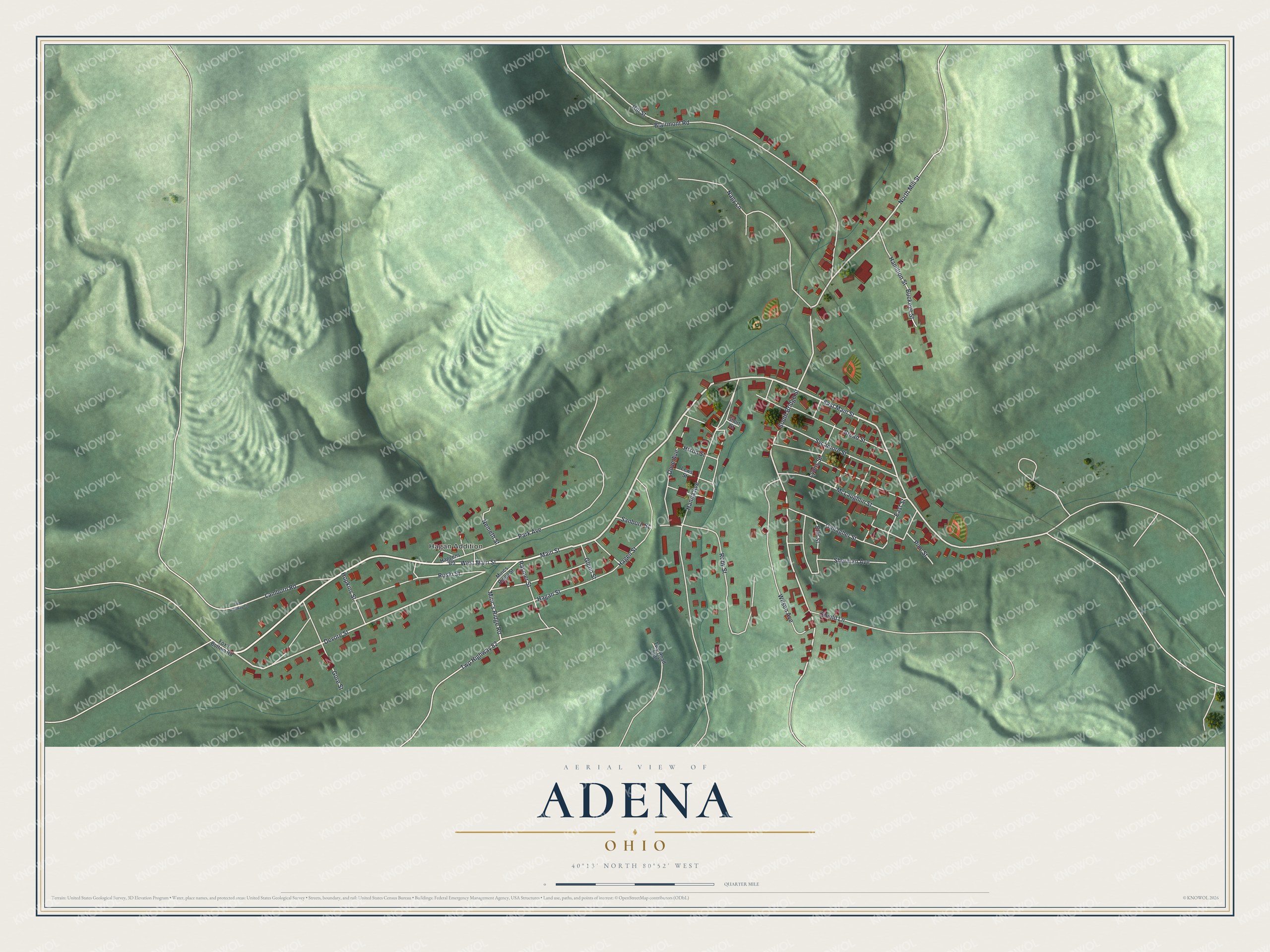 Full map of Adena, Ohio, with red buildings, printed street names and the land around them