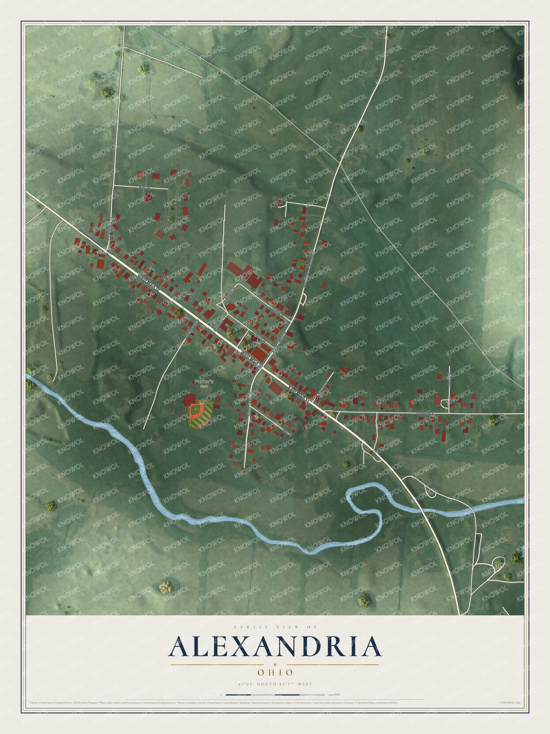 Full map of Alexandria, Ohio, with red buildings, printed street names and the land around them