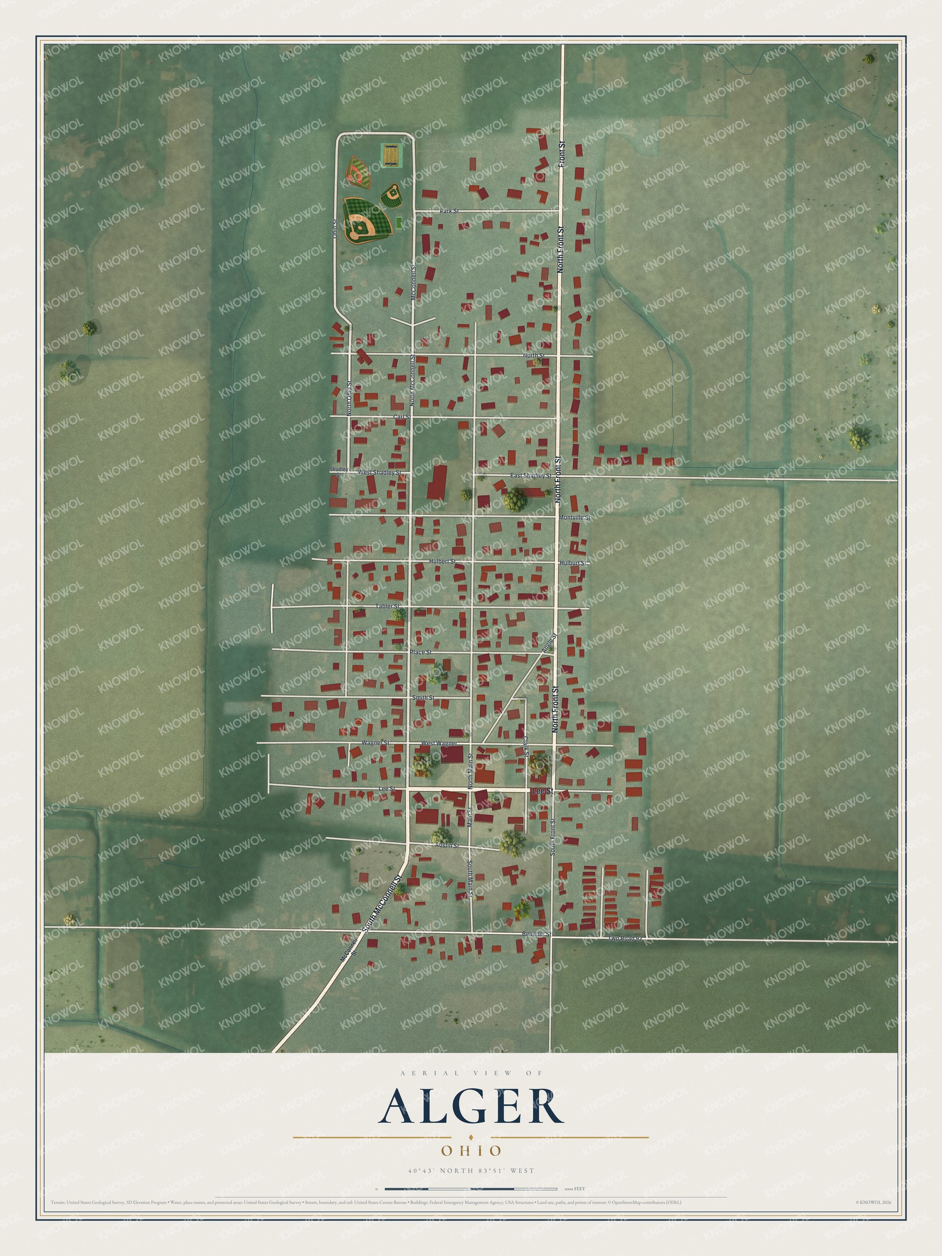 Full map of Alger, Ohio, with red buildings, printed street names and the land around them