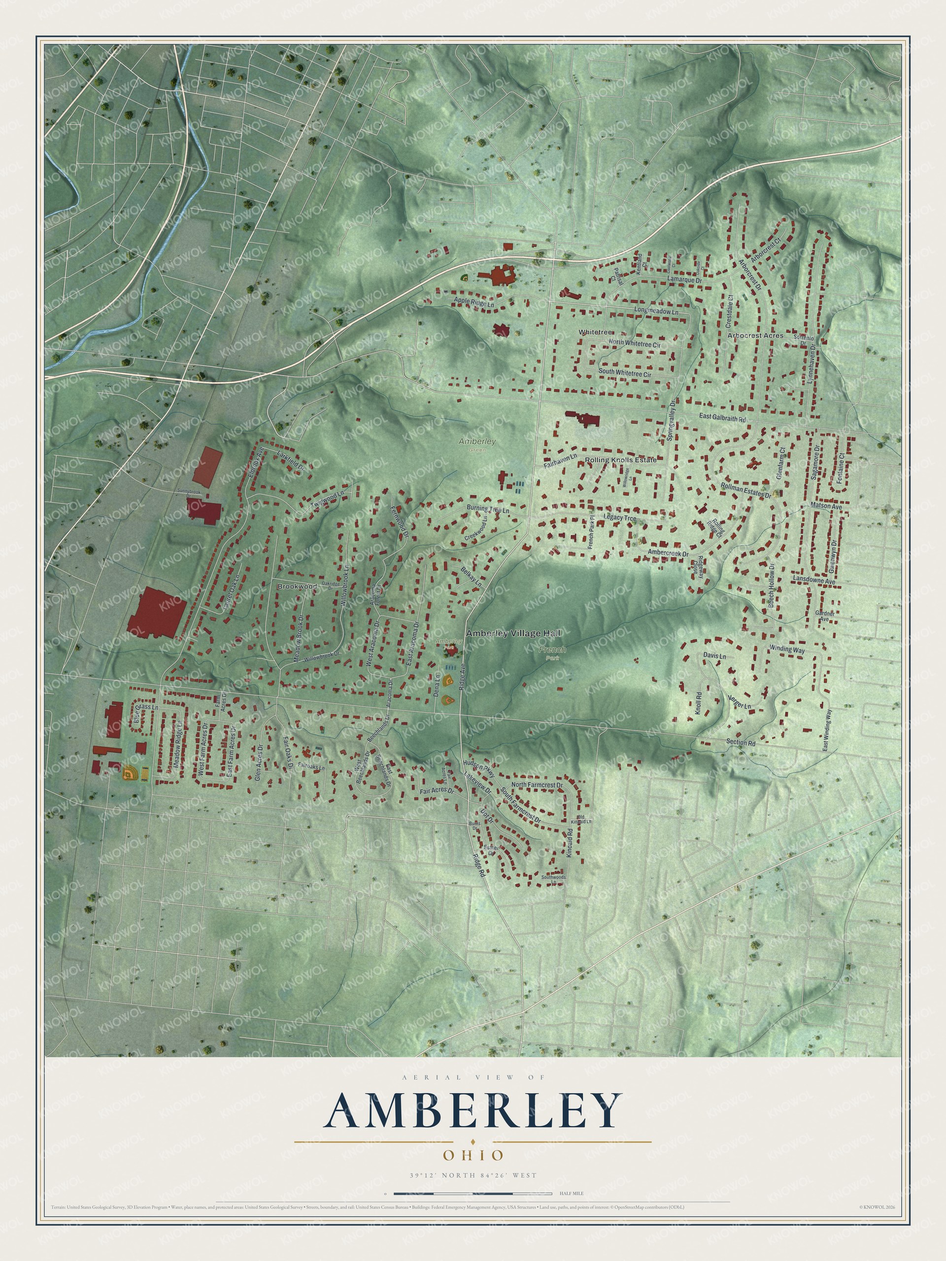 Full map of Amberley, Ohio, with red buildings, printed street names and the land around them