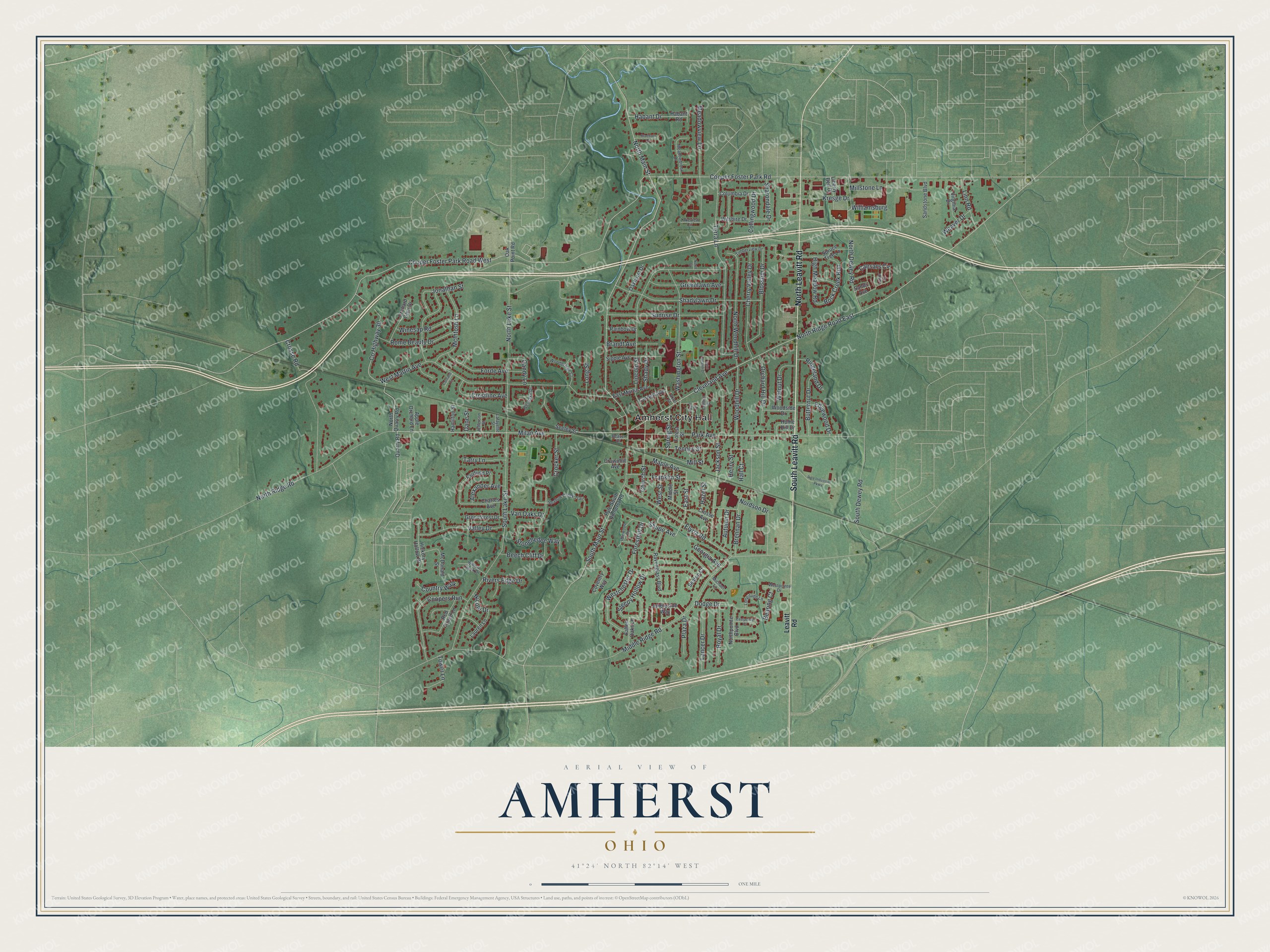 Aerial view map of Amherst, Ohio with red buildings, shaded green hills and a winding blue creek around City Hall