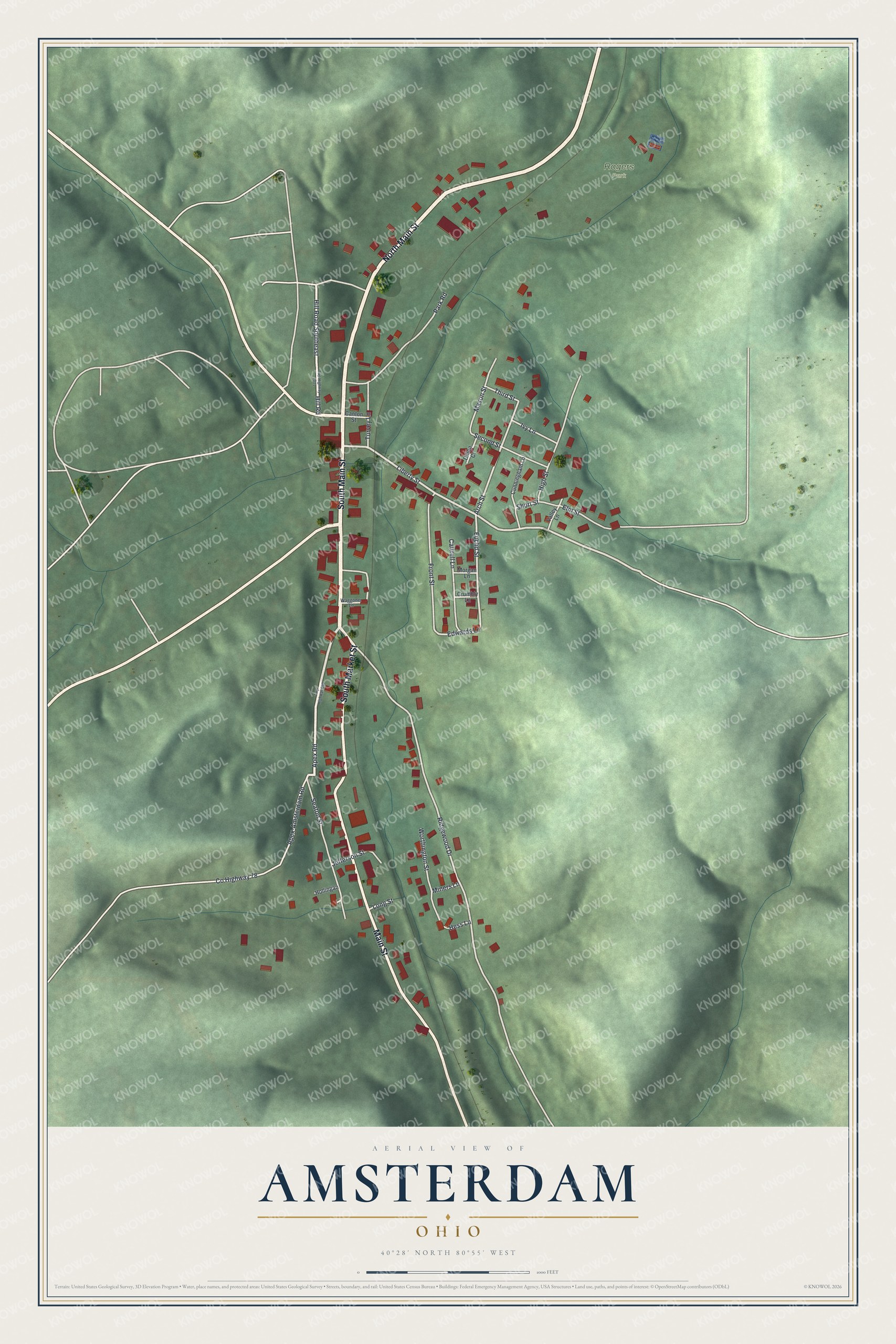 Full map of Amsterdam, Ohio, with red buildings, printed street names and the land around them