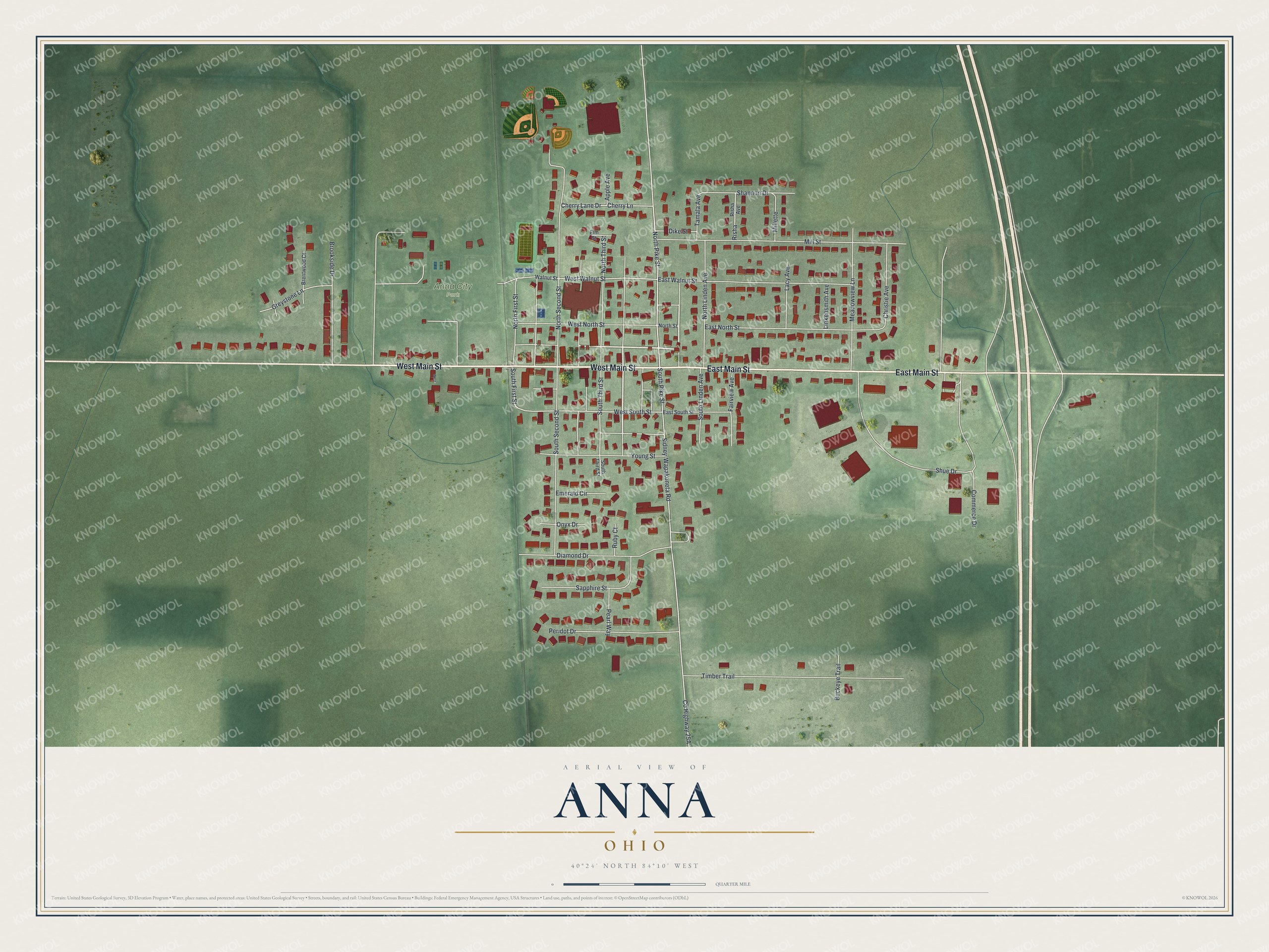 Full map of Anna, Ohio, with red buildings, printed street names and the land around them