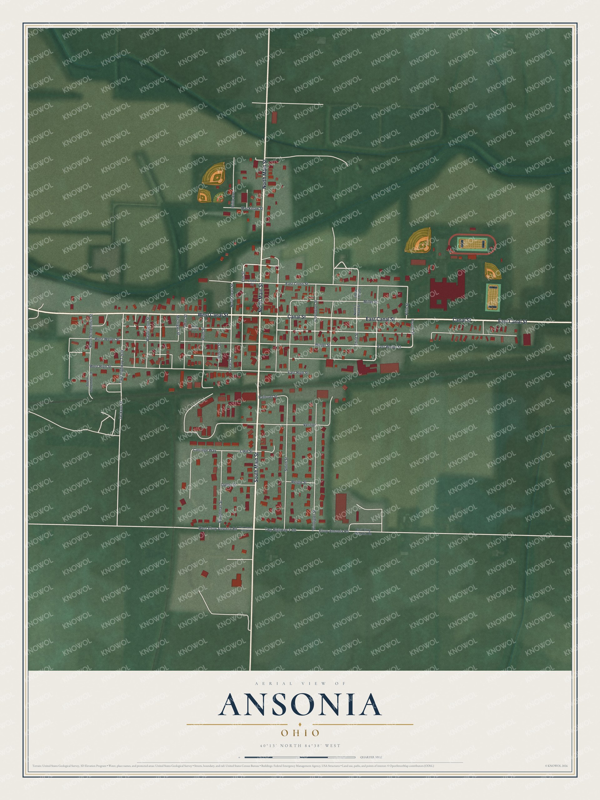 Full map of Ansonia, Ohio, with red buildings, printed street names and the land around them
