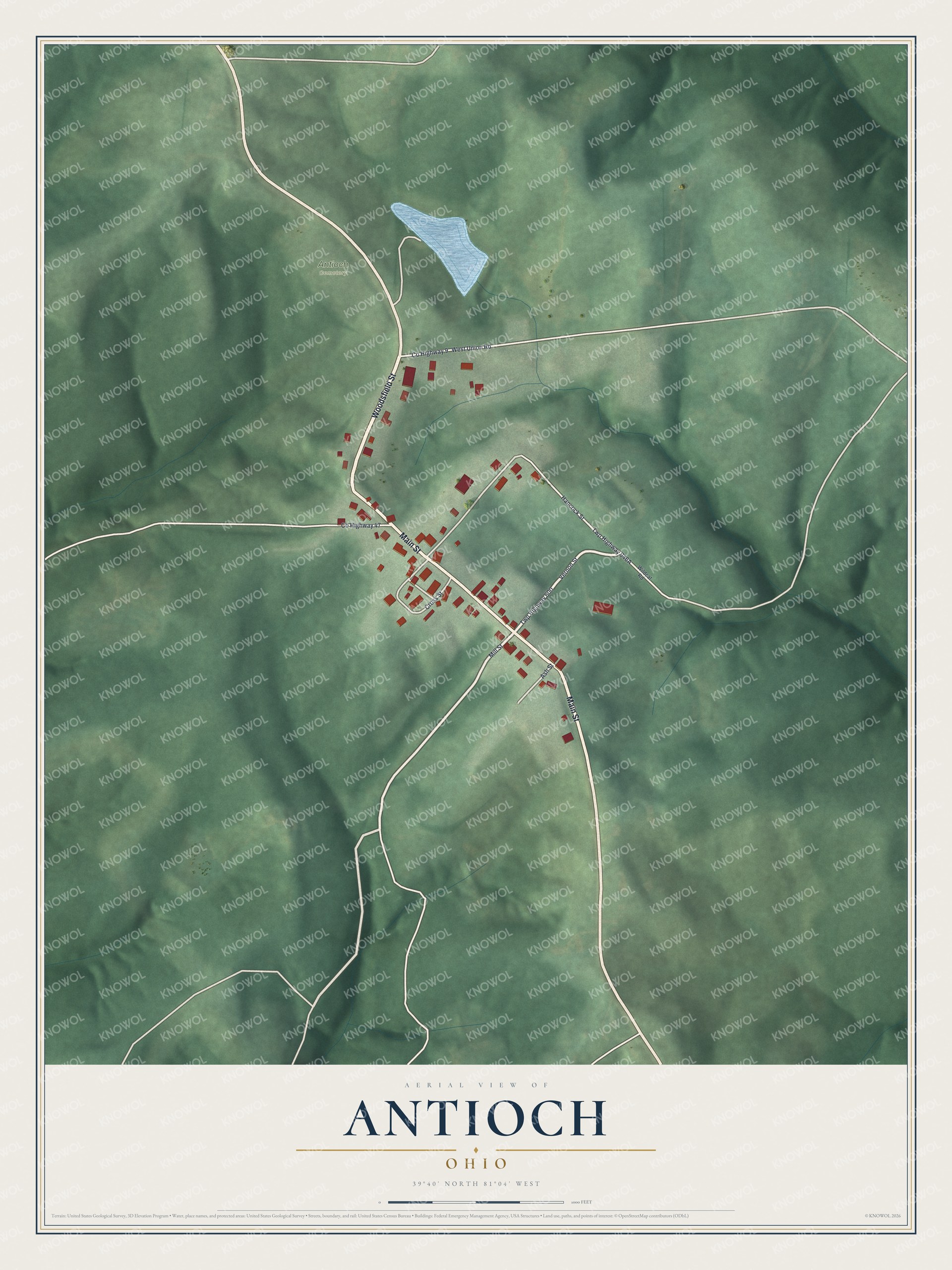 Full map of Antioch, Ohio, with red buildings, printed street names and the land around them