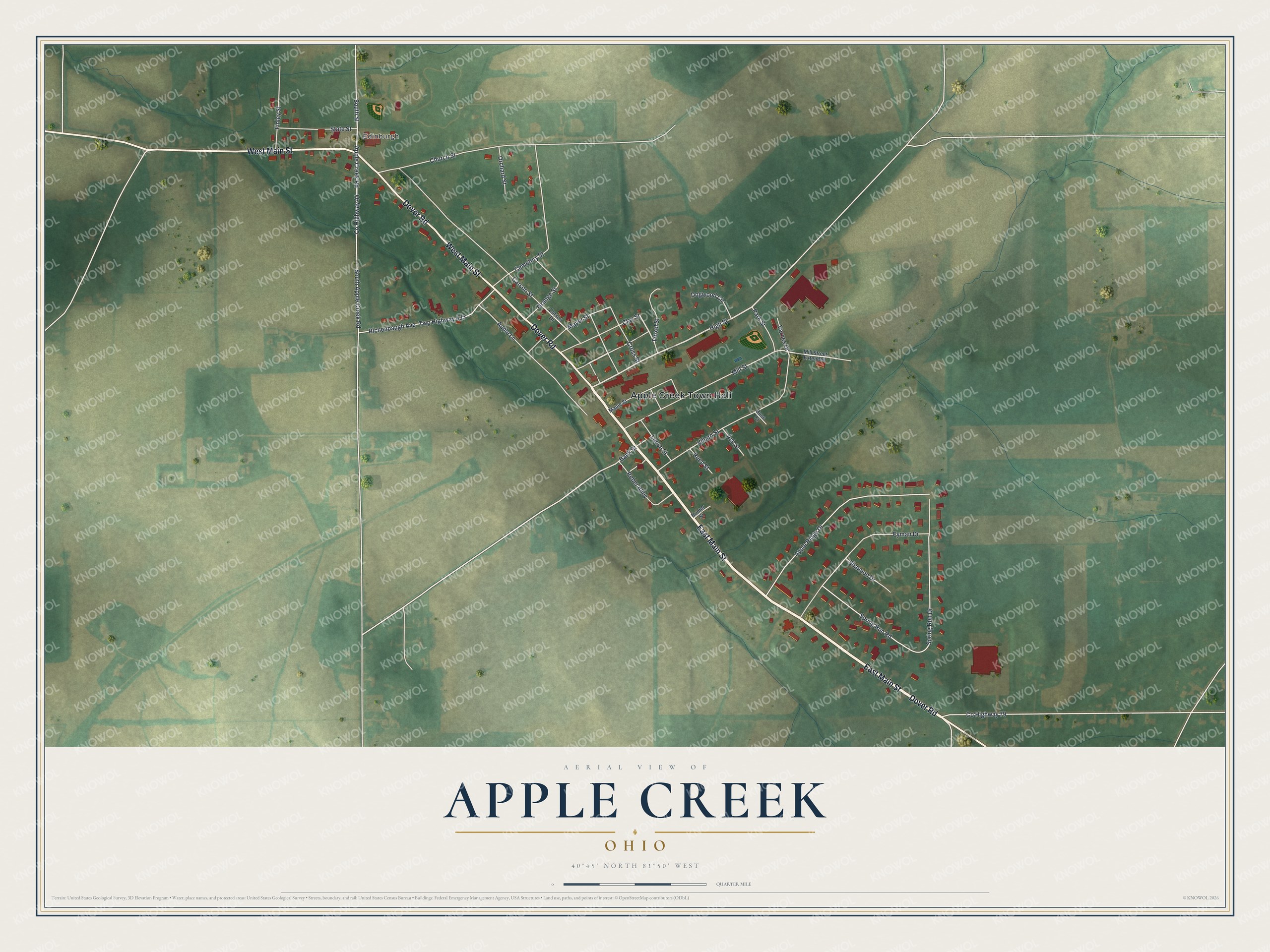 Full map of Apple Creek, Ohio, with red buildings, printed street names and the land around them