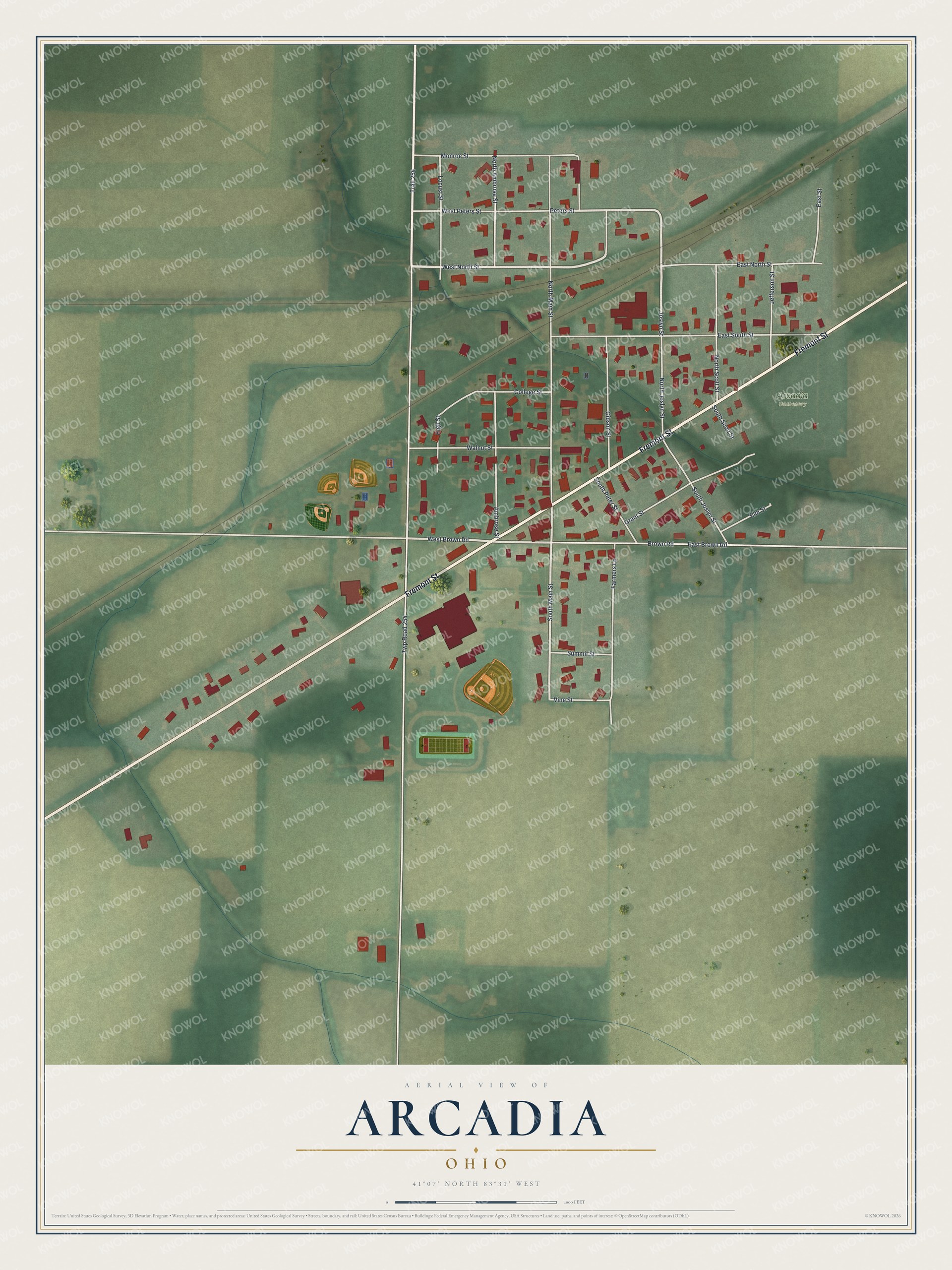 Full map of Arcadia, Ohio, with red buildings, printed street names and the land around them