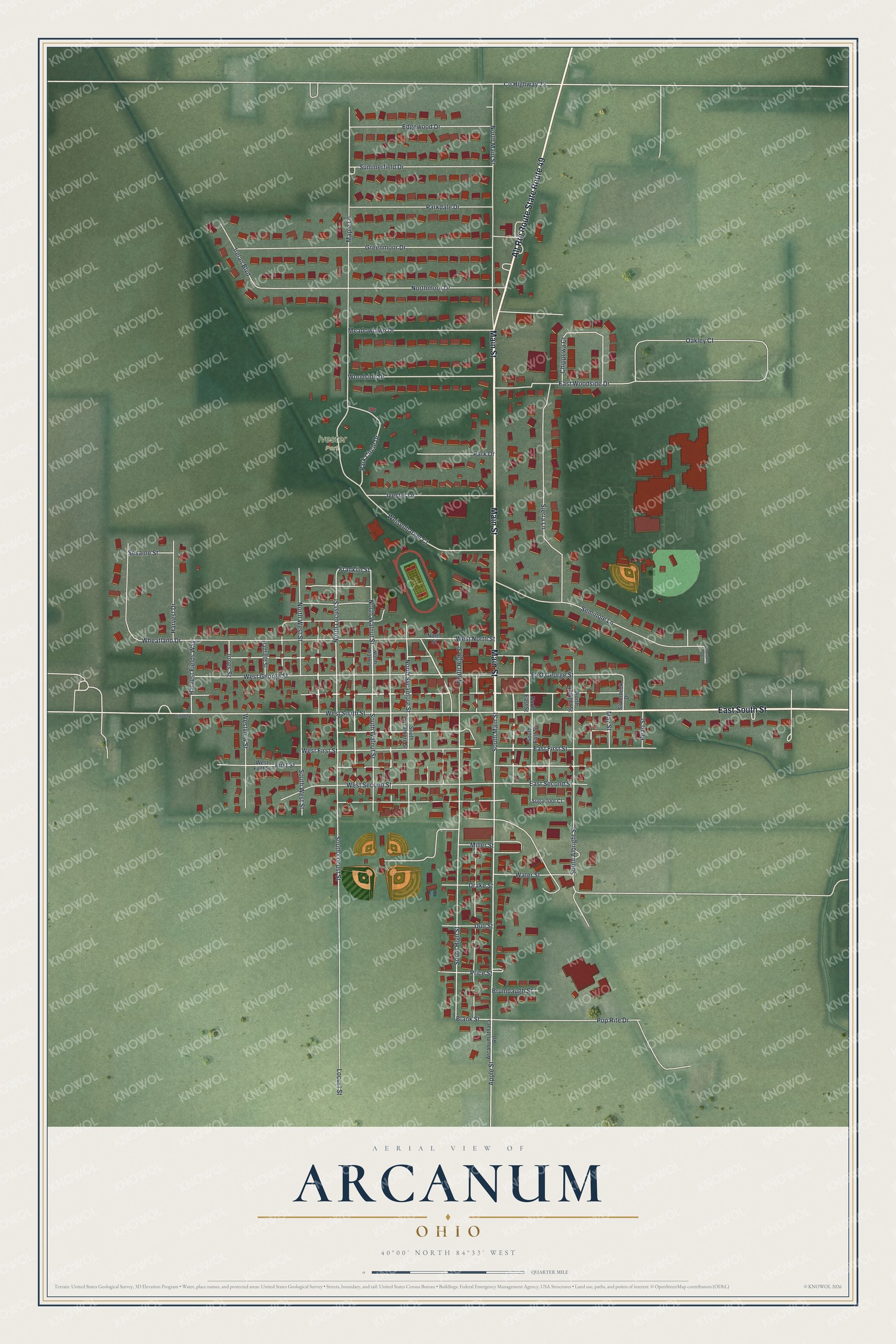 Full map of Arcanum, Ohio, with red buildings, printed street names and the land around them