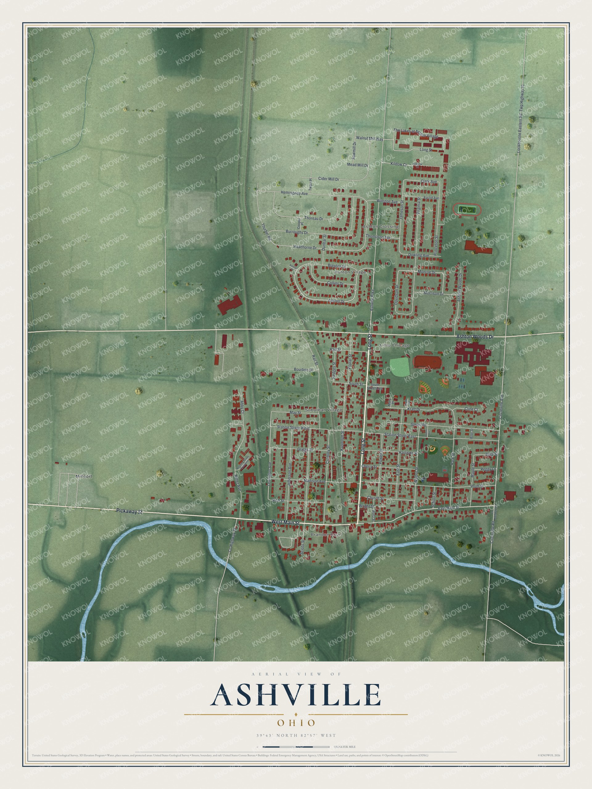 Full map of Ashville, Ohio, with red buildings, printed street names and the land around them