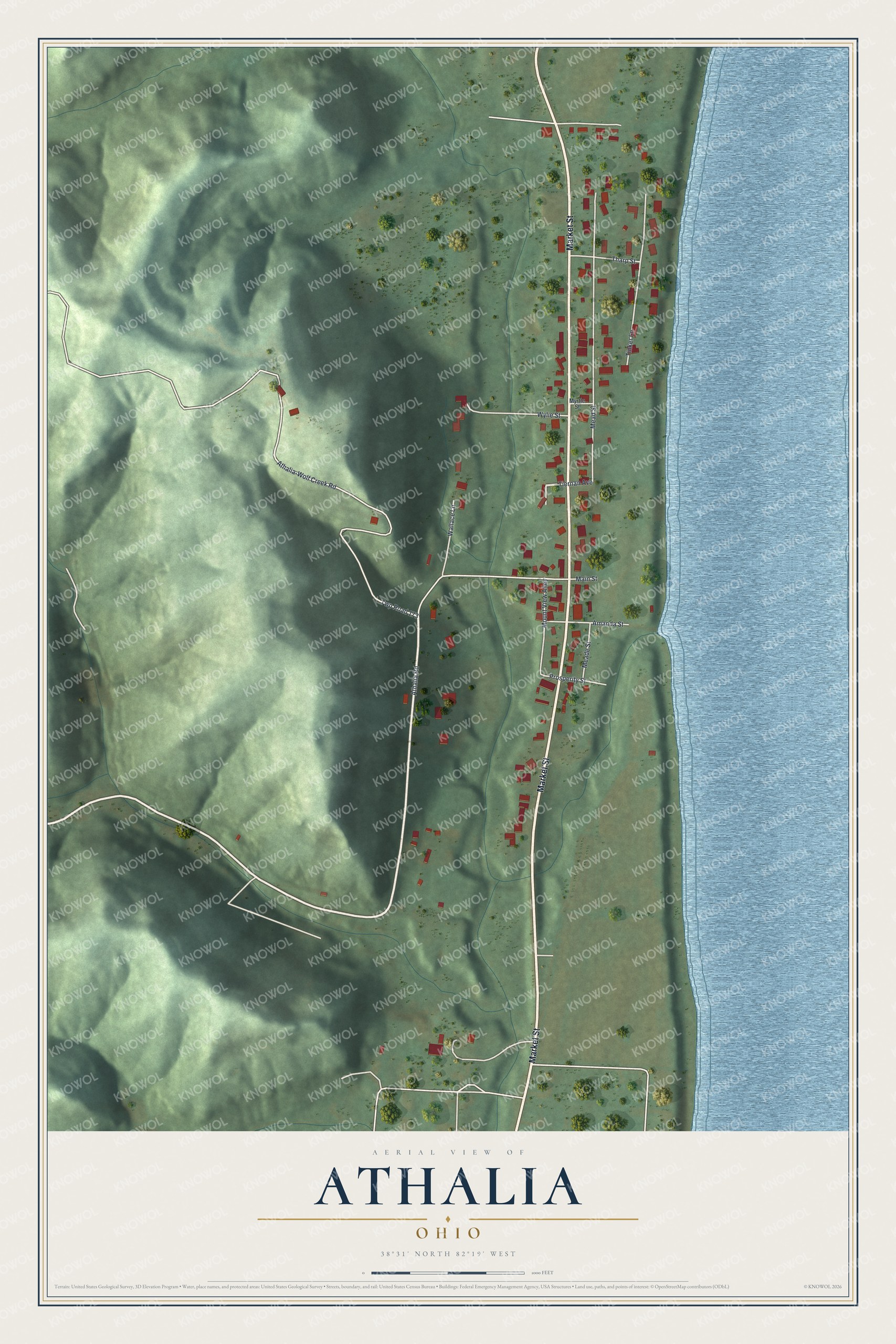 Full map of Athalia, Ohio, with red buildings, printed street names and the land around them