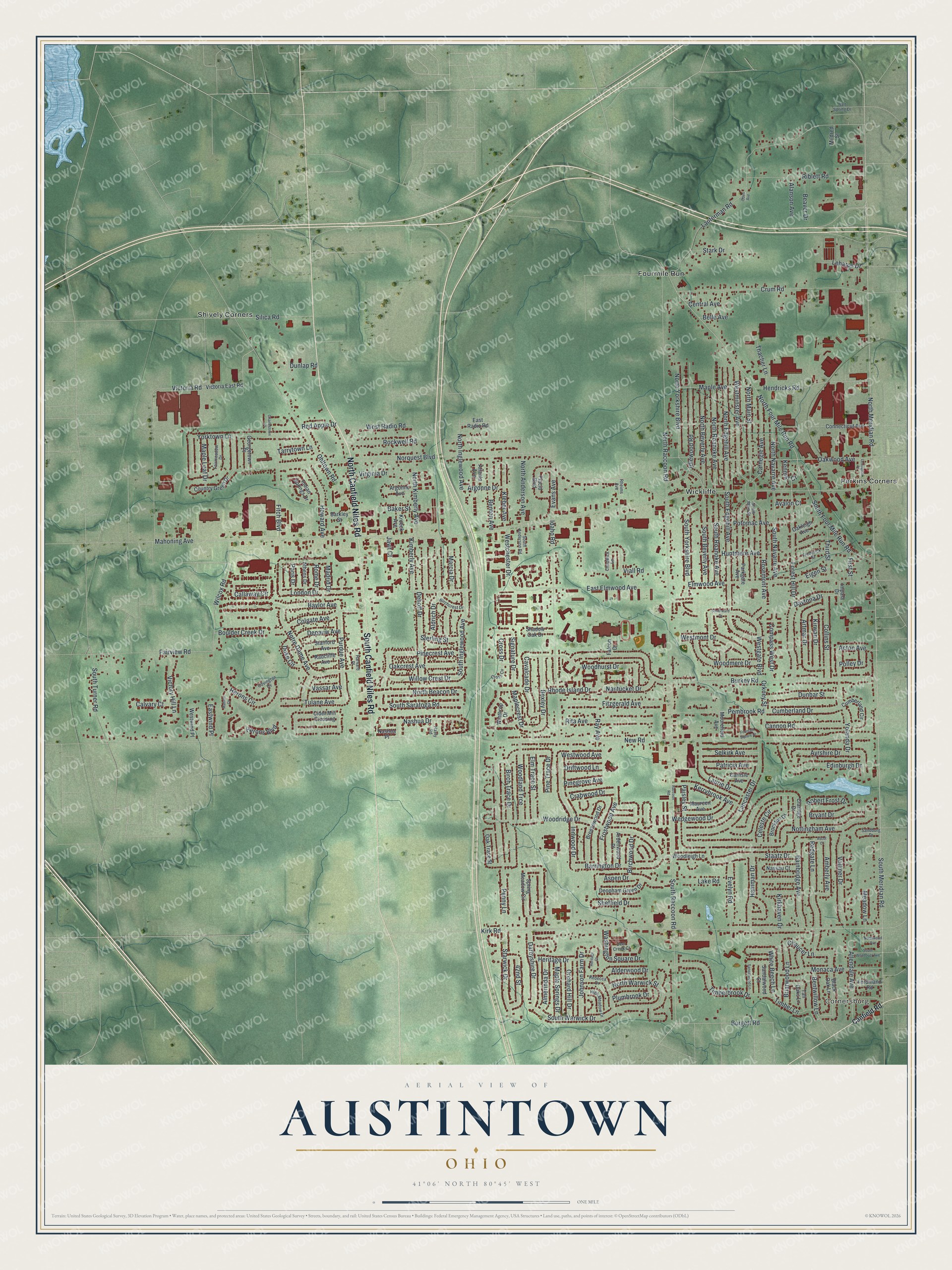 Full map of Austintown, Ohio, with red buildings, printed street names and the land around them