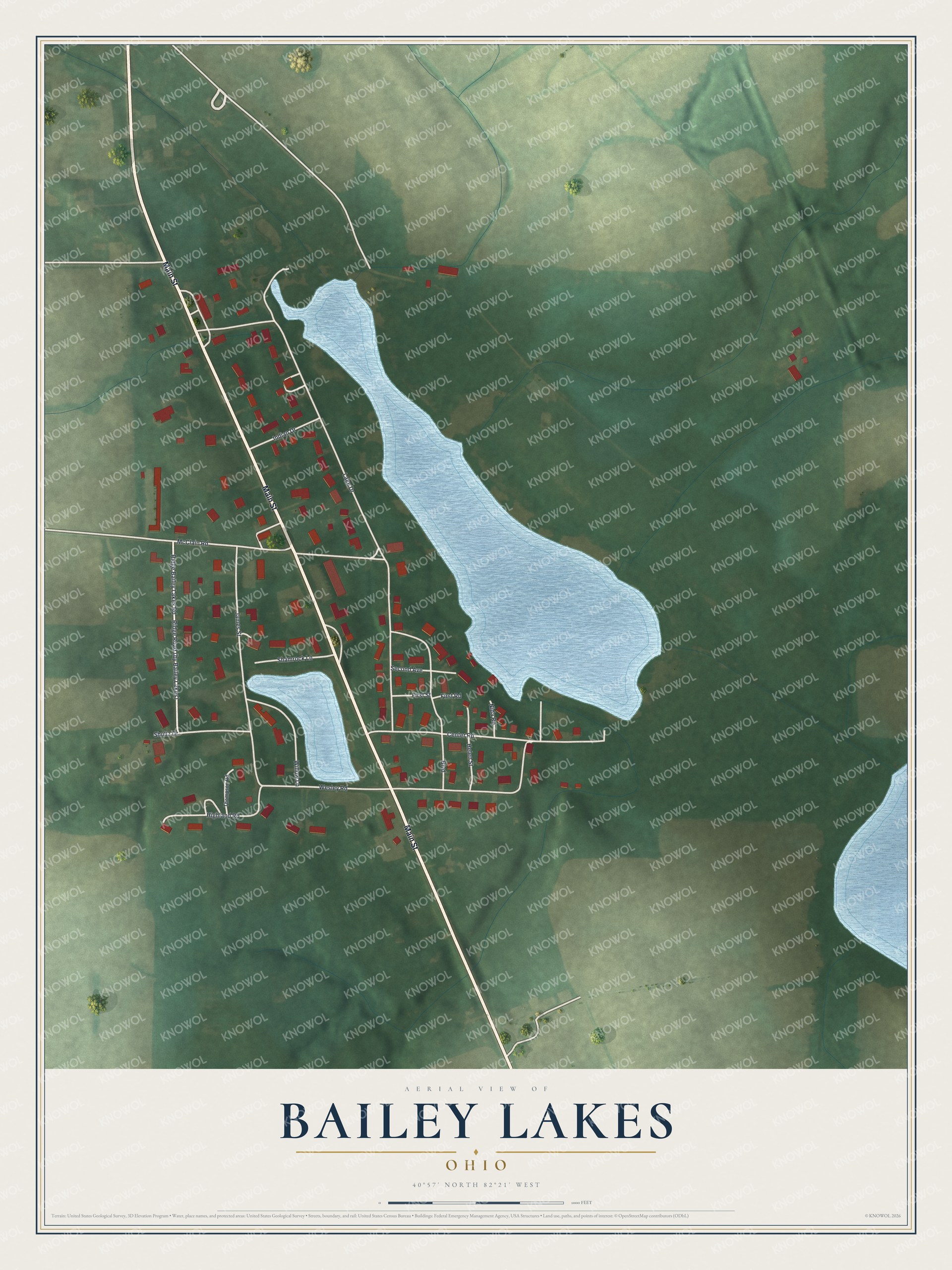 Full map of Bailey Lakes, Ohio, with red buildings, printed street names and the land around them