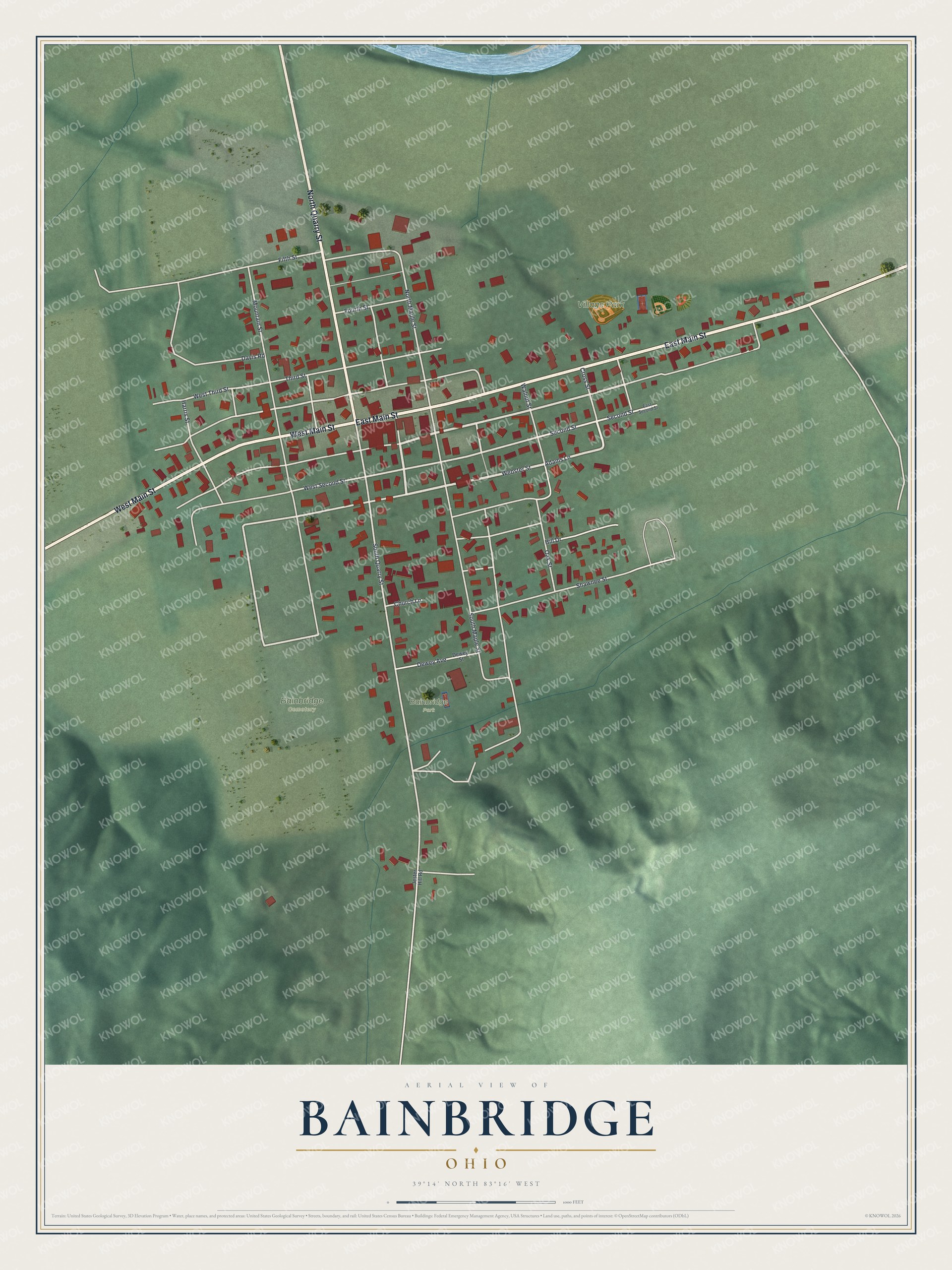 Full map of Bainbridge, Ohio, with red buildings, printed street names and the land around them