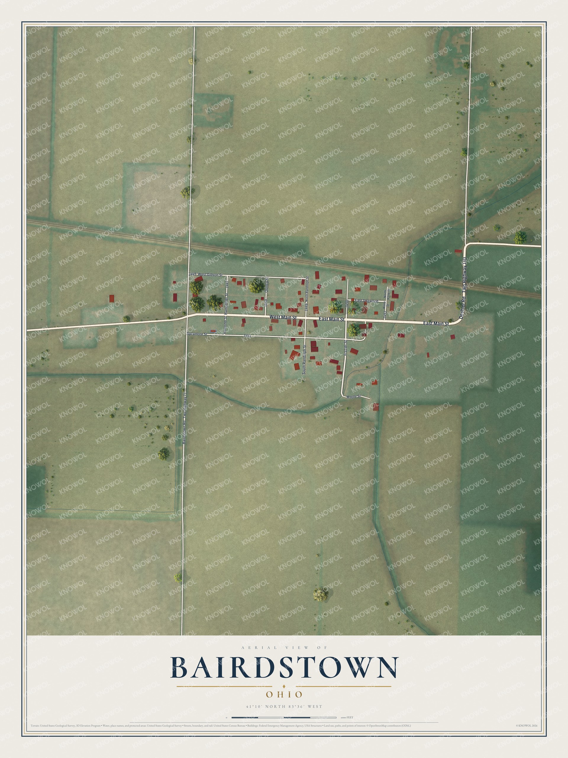 Full map of Bairdstown, Ohio, with red buildings, printed street names and the land around them