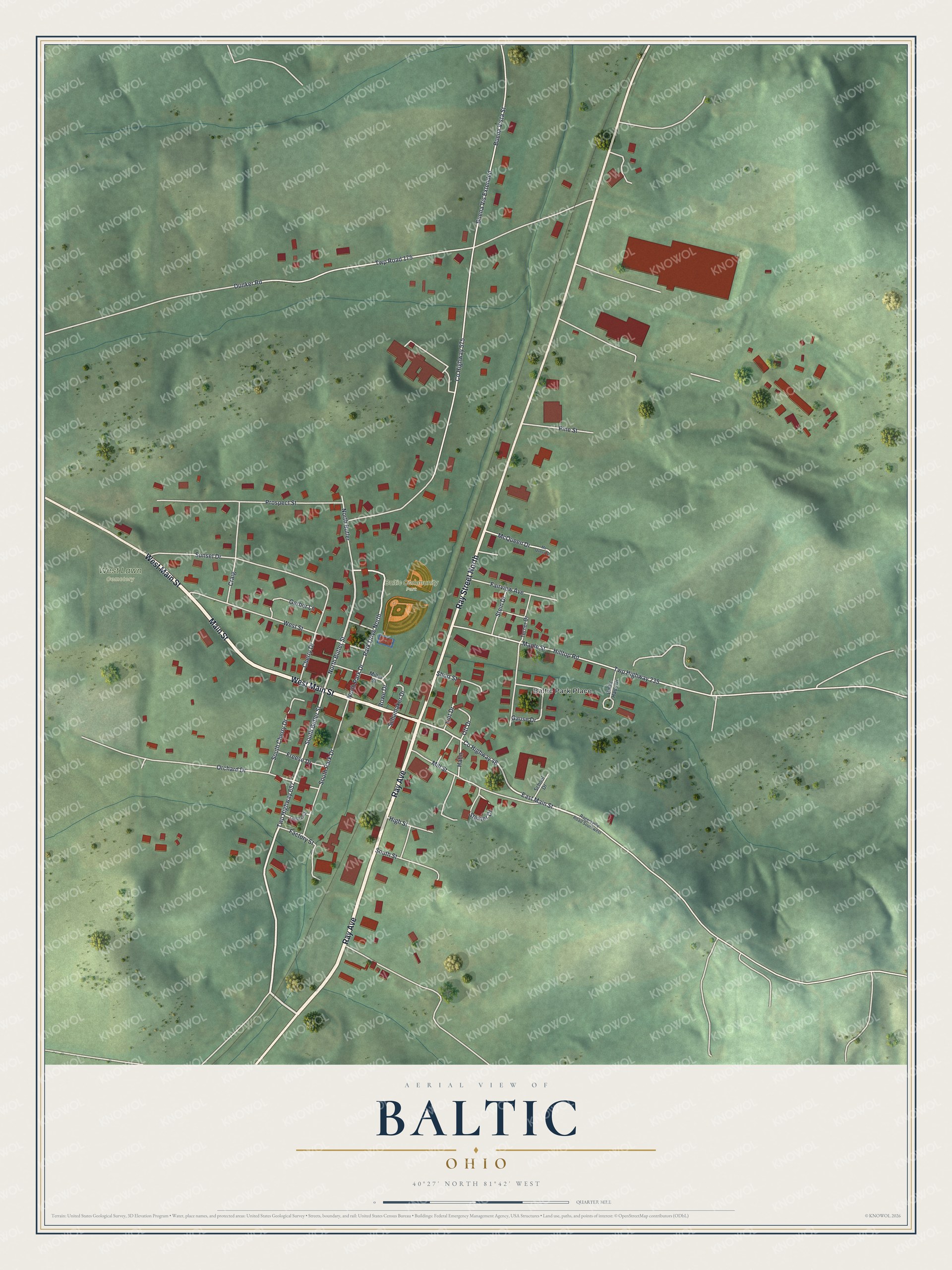 Full map of Baltic, Ohio, with red buildings, printed street names and the land around them