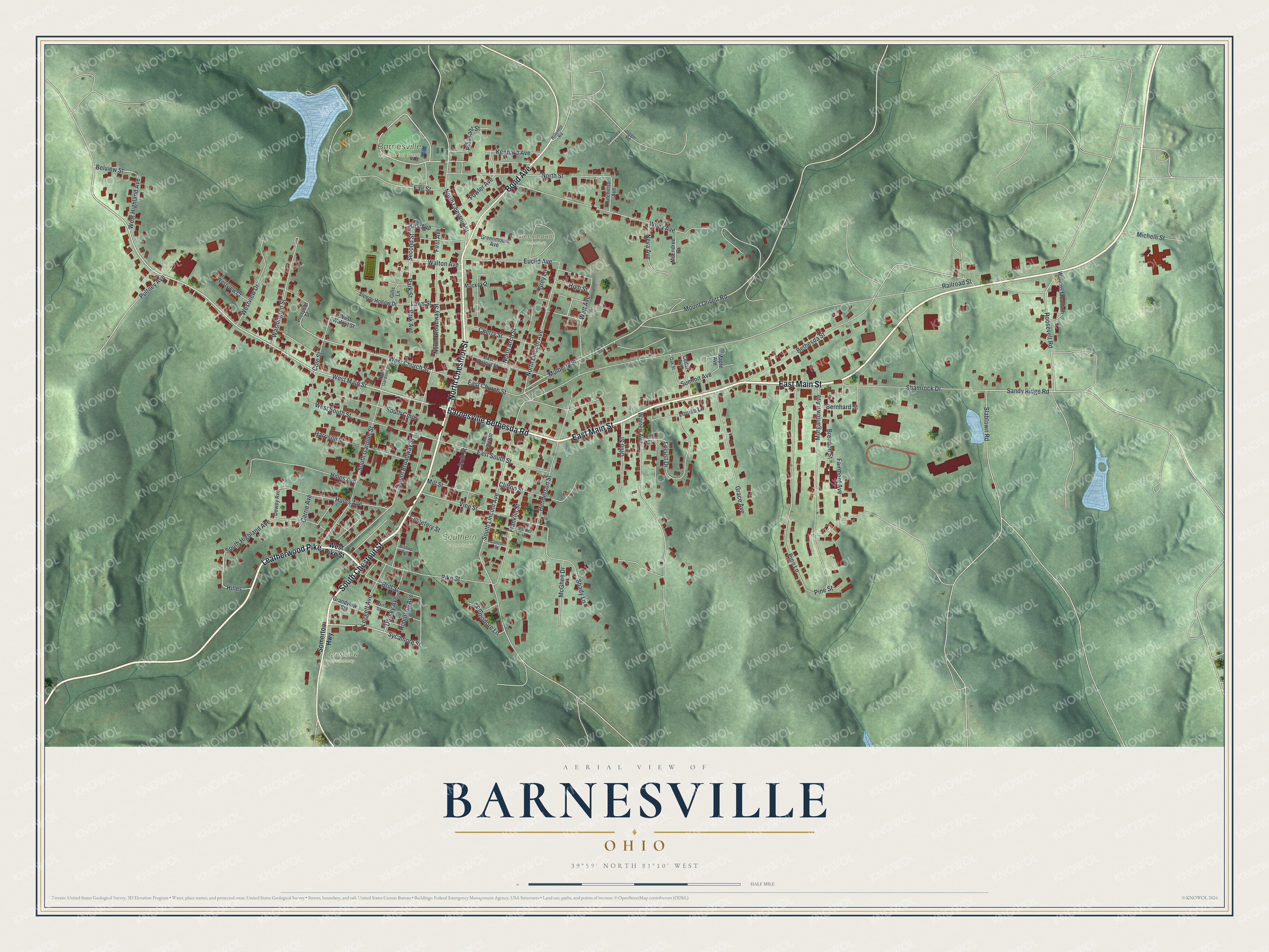 Aerial map of Barnesville, Ohio with red buildings and pale streets set in green hills, plus a small blue lake at the top left