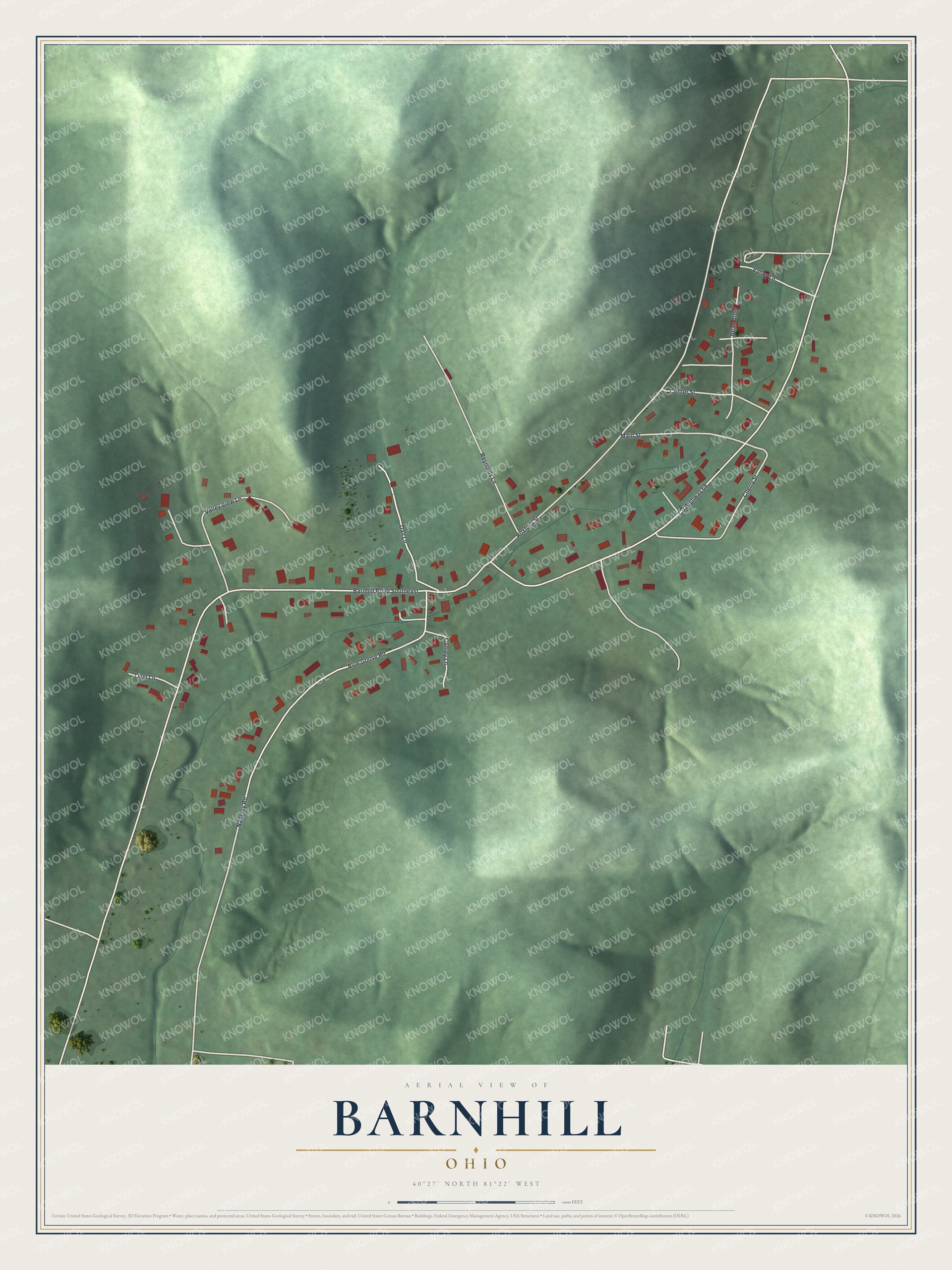 Full map of Barnhill, Ohio, with red buildings, printed street names and the land around them