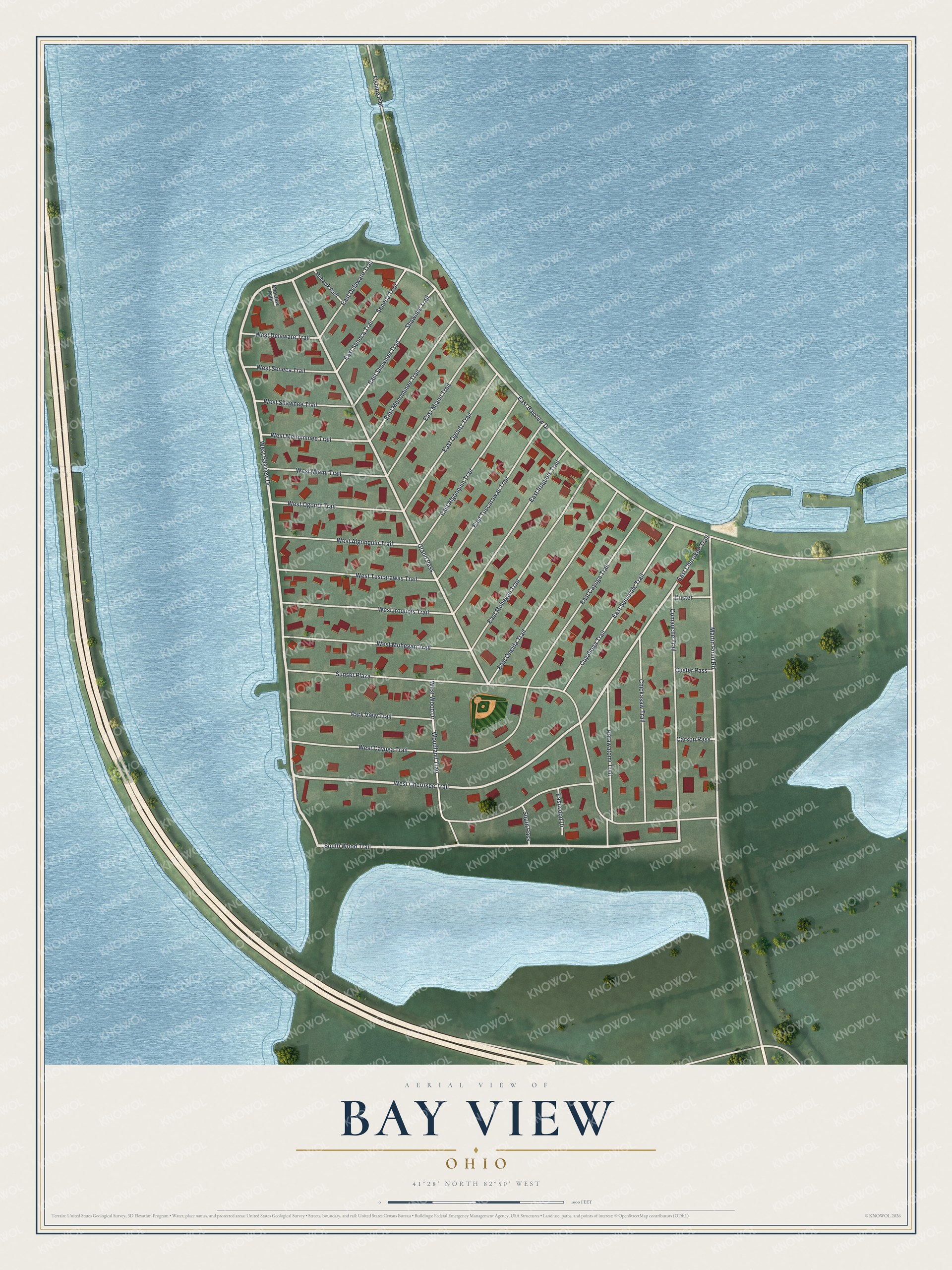 Full map of Bay View, Ohio, with red buildings, printed street names and the land around them