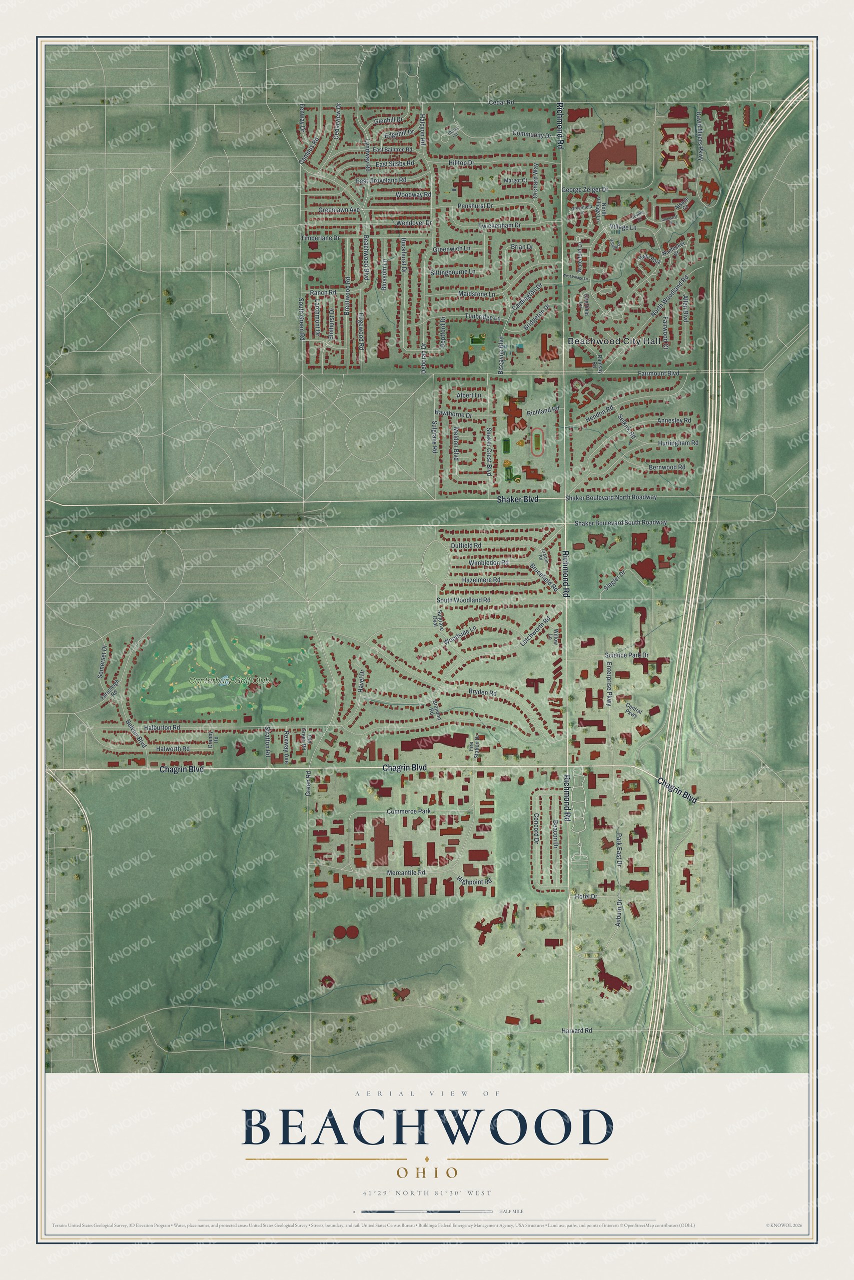 Full Beachwood, Ohio aerial map with red buildings, green terrain, Canterbury Golf Club, pale streets and a cream title panel