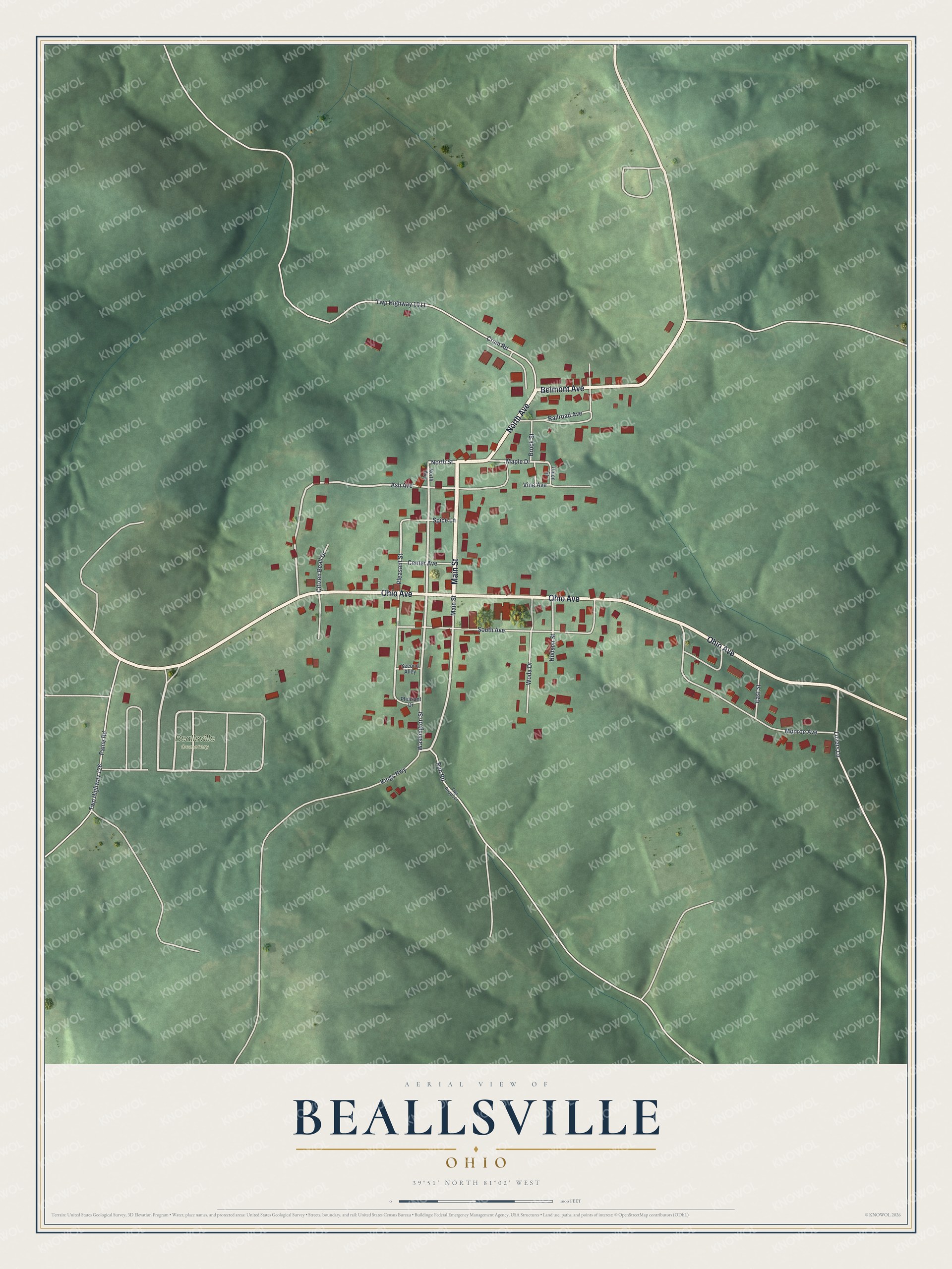 Full map of Beallsville, Ohio, with red buildings, printed street names and the land around them