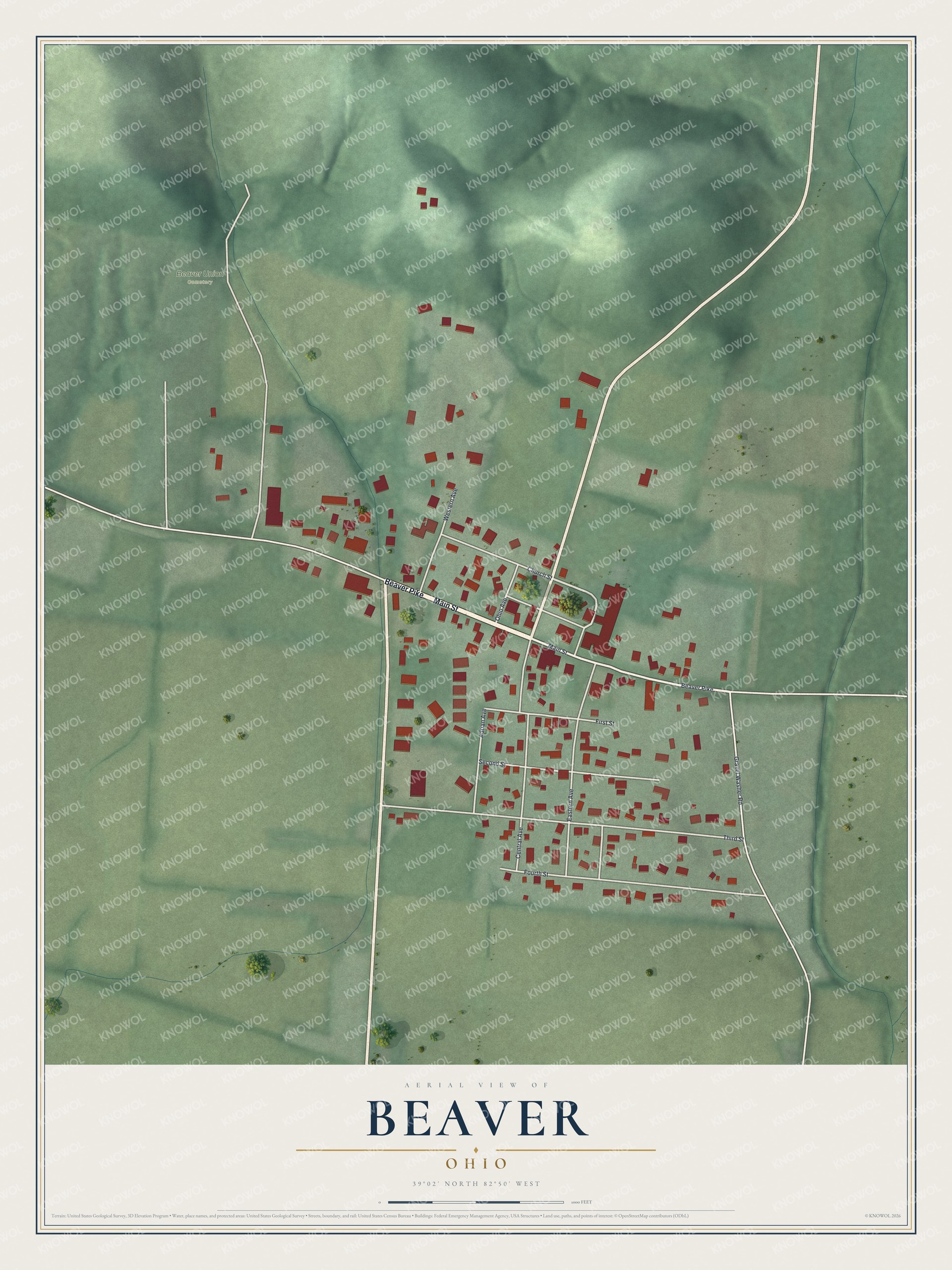 Full map of Beaver, Ohio, with red buildings, printed street names and the land around them