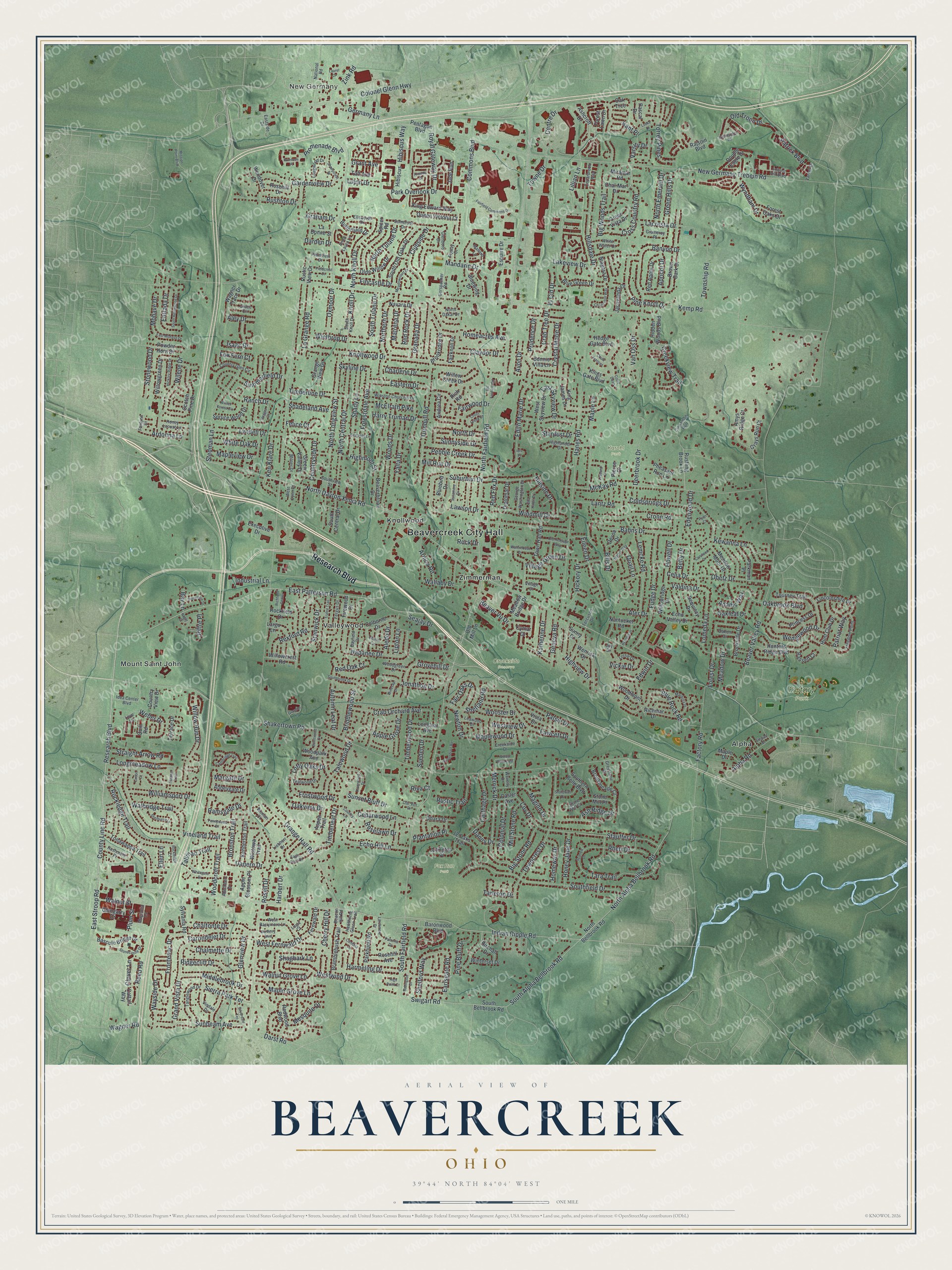 Full map of Beavercreek, Ohio, with red buildings, printed street names and the land around them