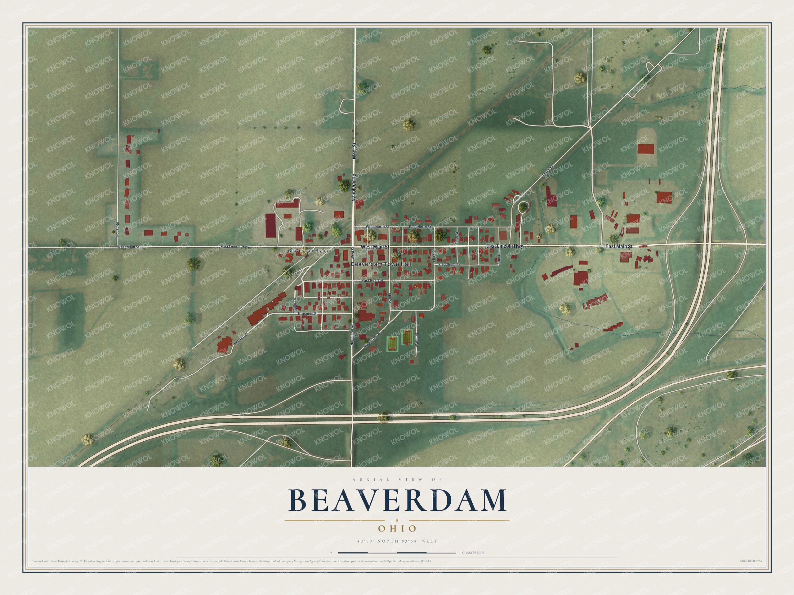 Full map of Beaverdam, Ohio, with red buildings, printed street names and the land around them