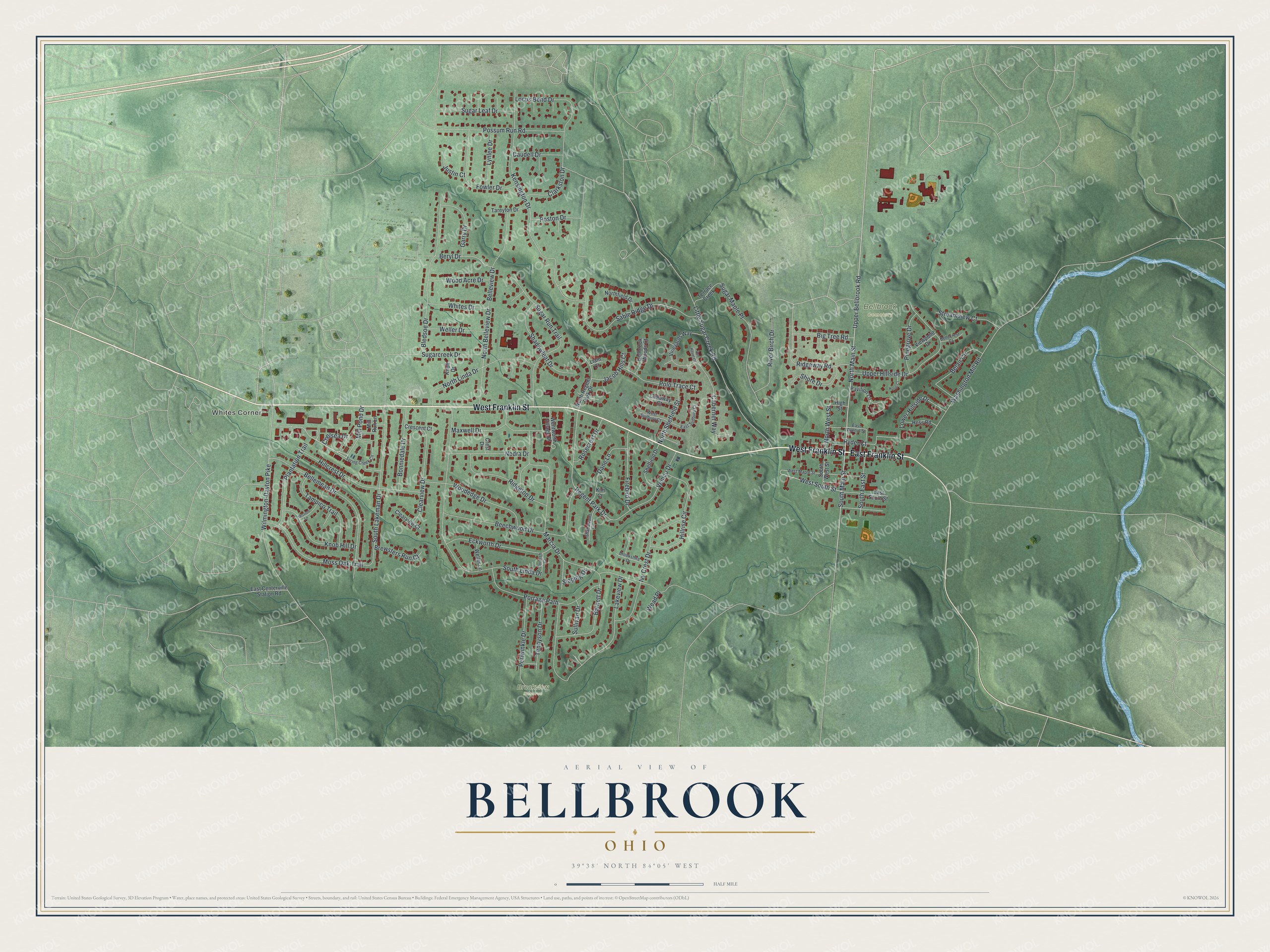 Full map of Bellbrook, Ohio, with red buildings, printed street names and the land around them