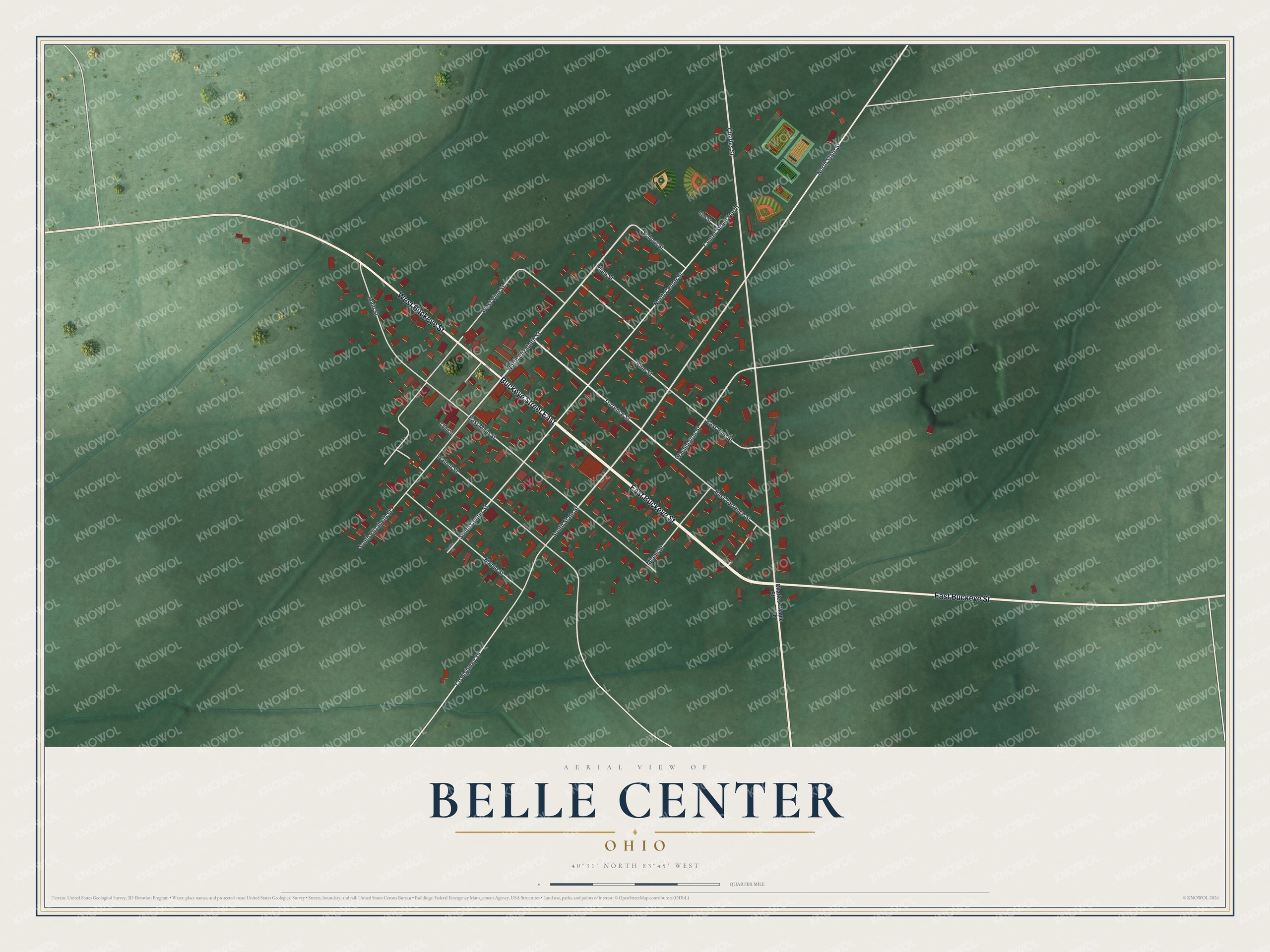 Full map of Belle Center, Ohio, with red buildings, printed street names and the land around them