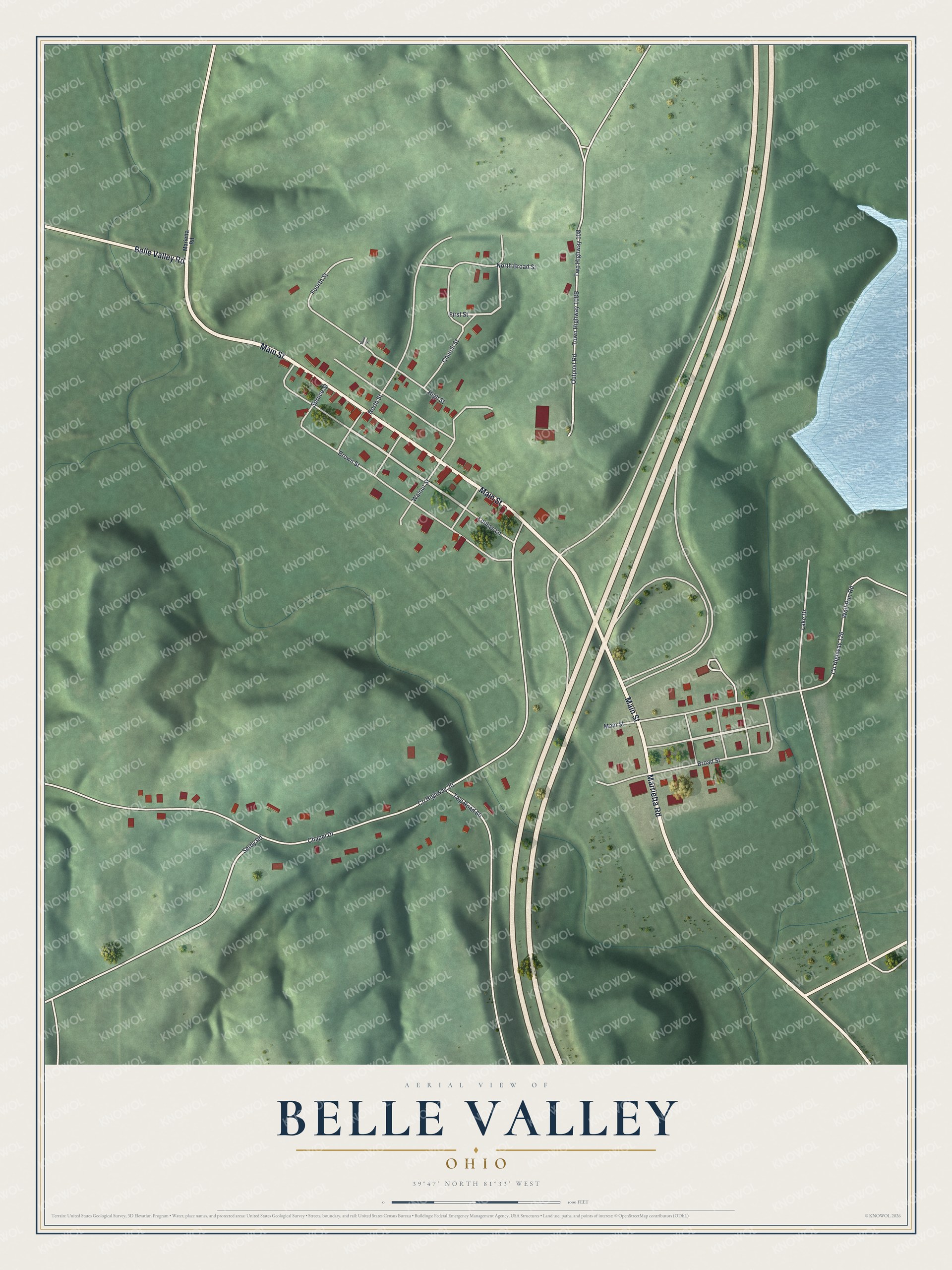 Full map of Belle Valley, Ohio, with red buildings, printed street names and the land around them