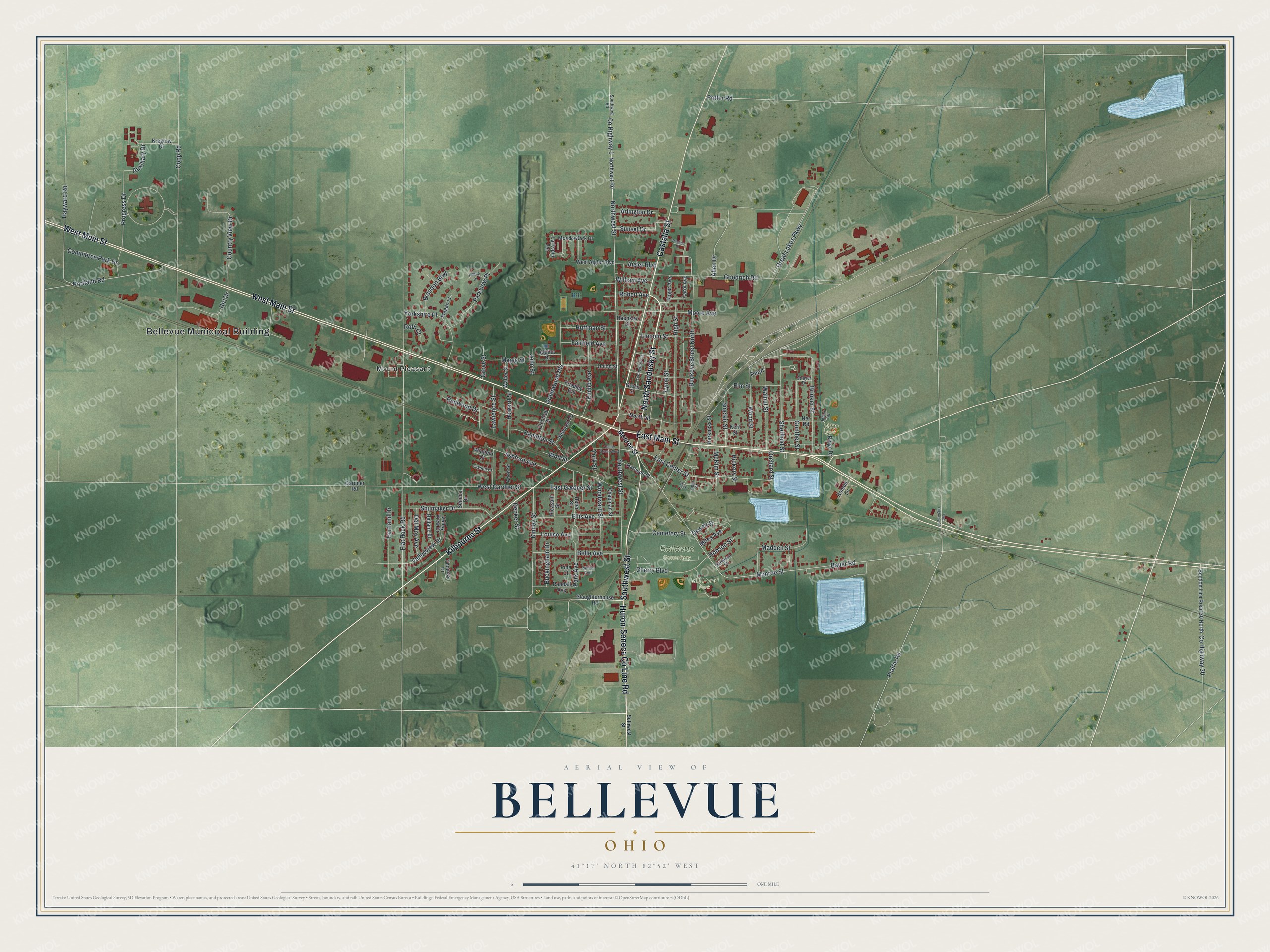 Watermarked full-map preview of Bellevue, Ohio