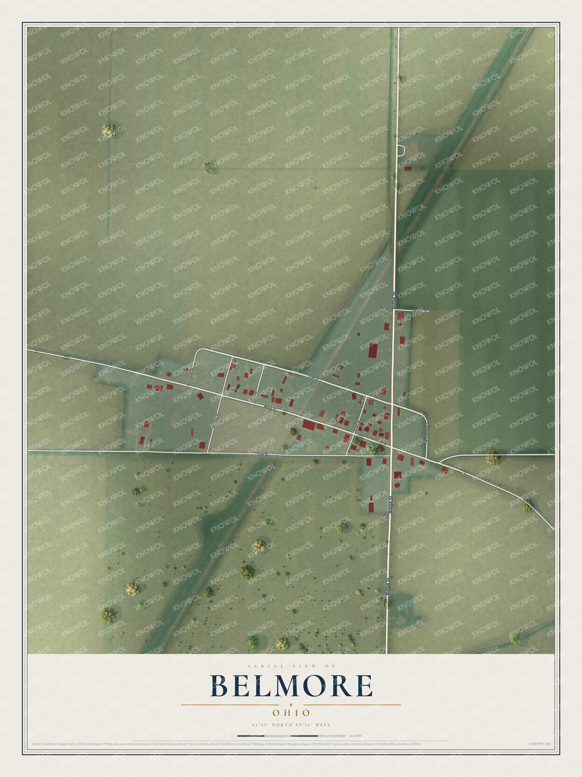 Full map of Belmore, Ohio, with red buildings, printed street names and the land around them