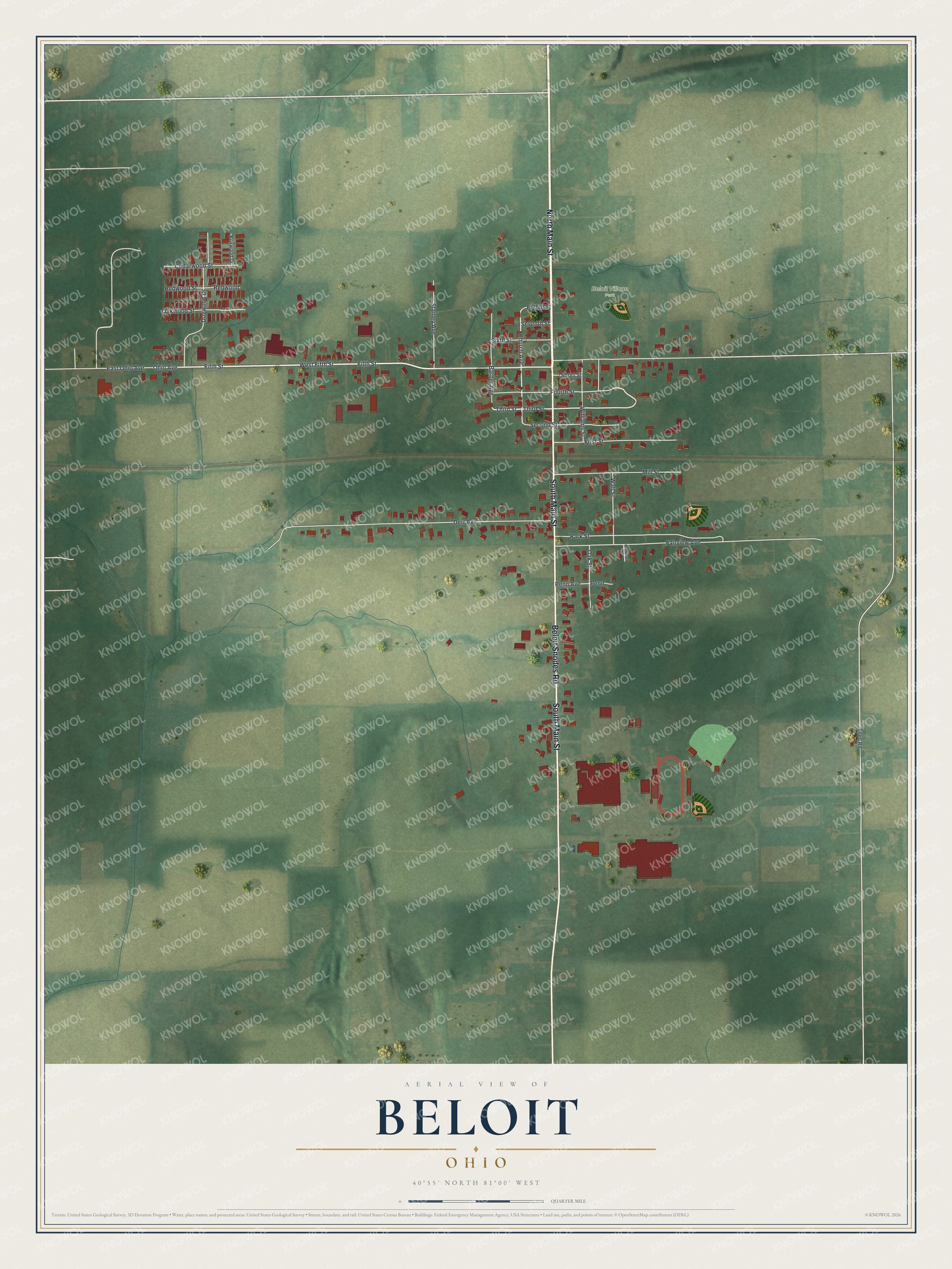 Full map of Beloit, Ohio, with red buildings, printed street names and the land around them