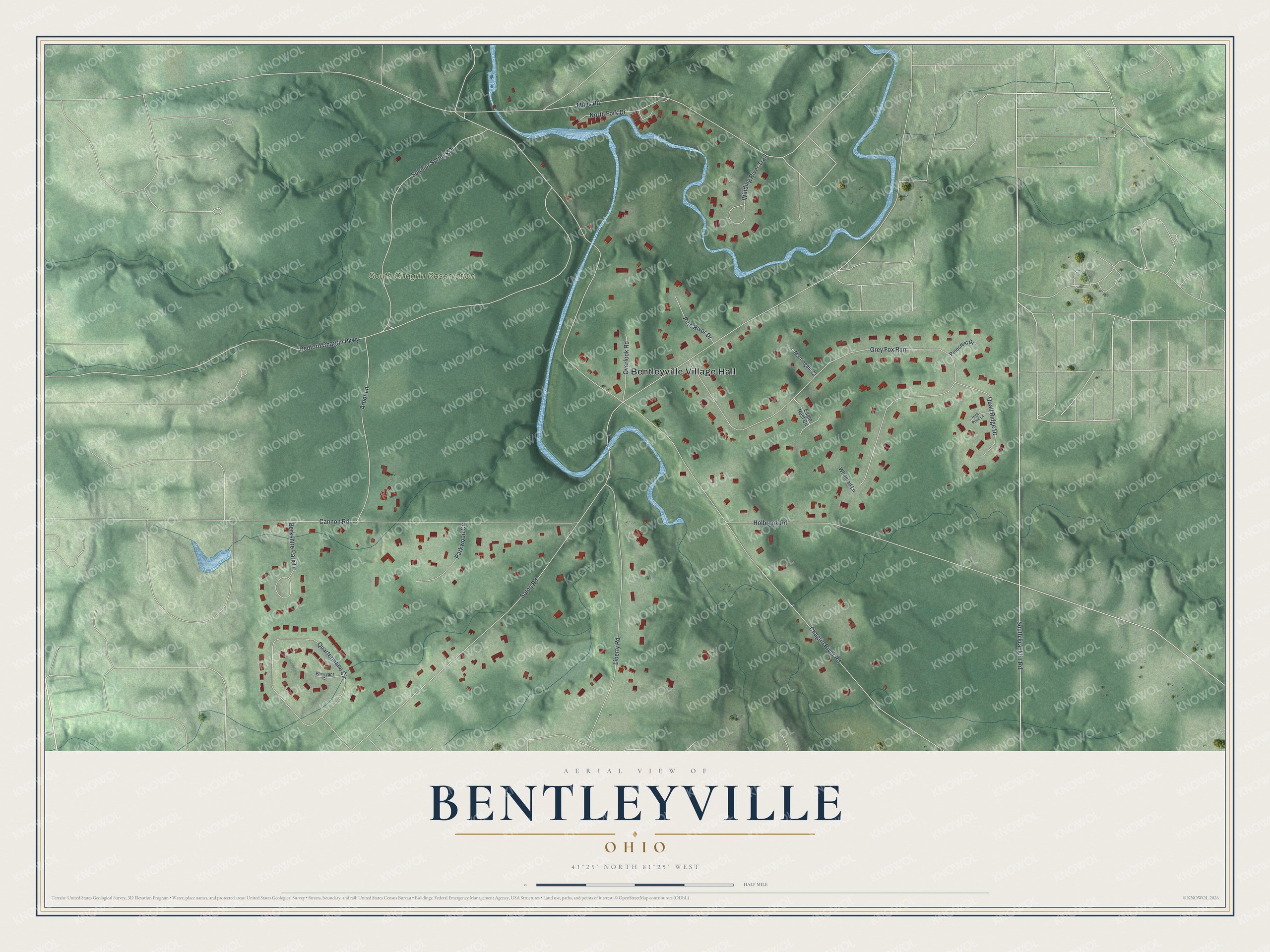 Full map of Bentleyville, Ohio, with red buildings, printed street names and the land around them