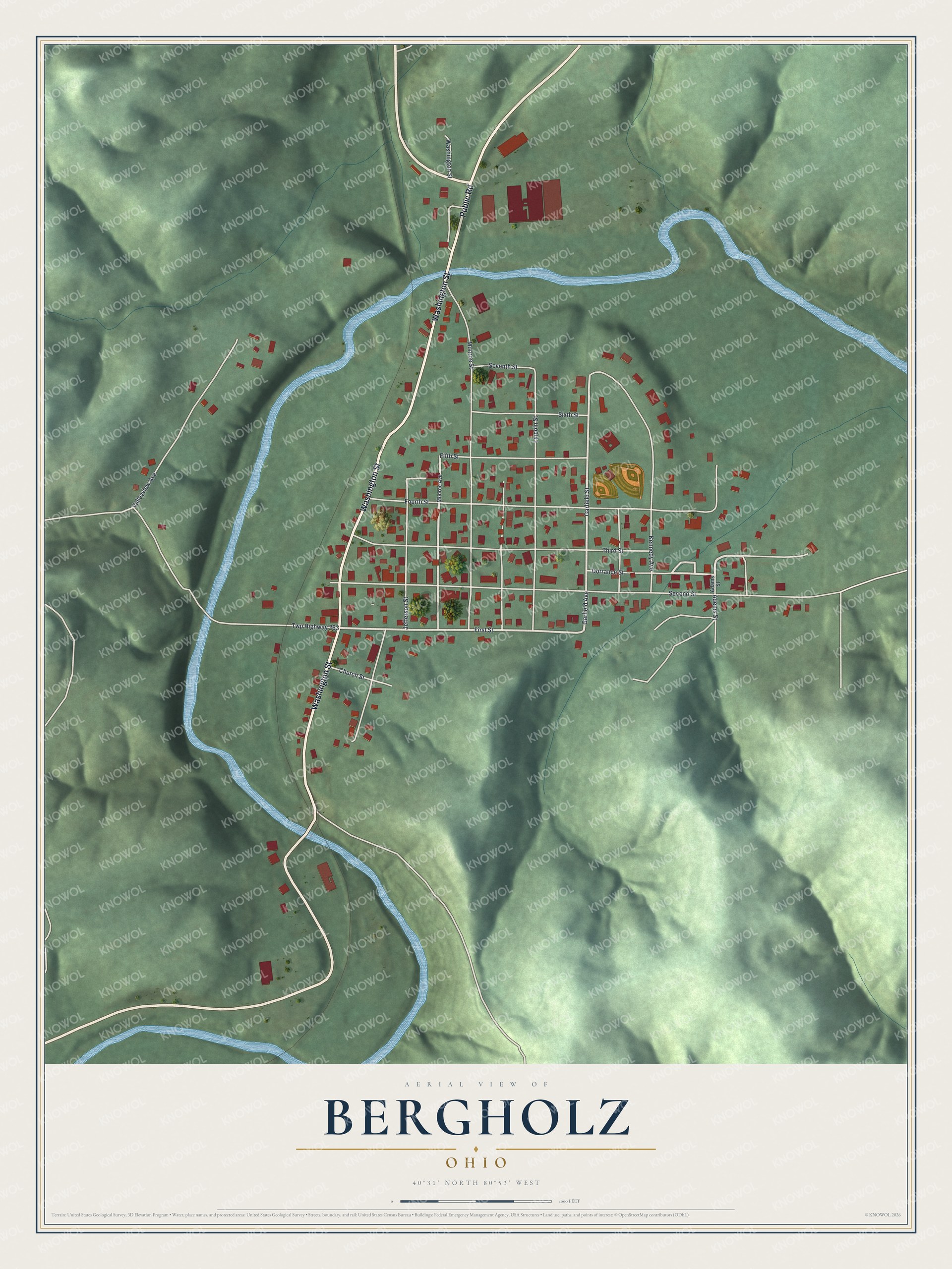 Full map of Bergholz, Ohio, with red buildings, printed street names and the land around them