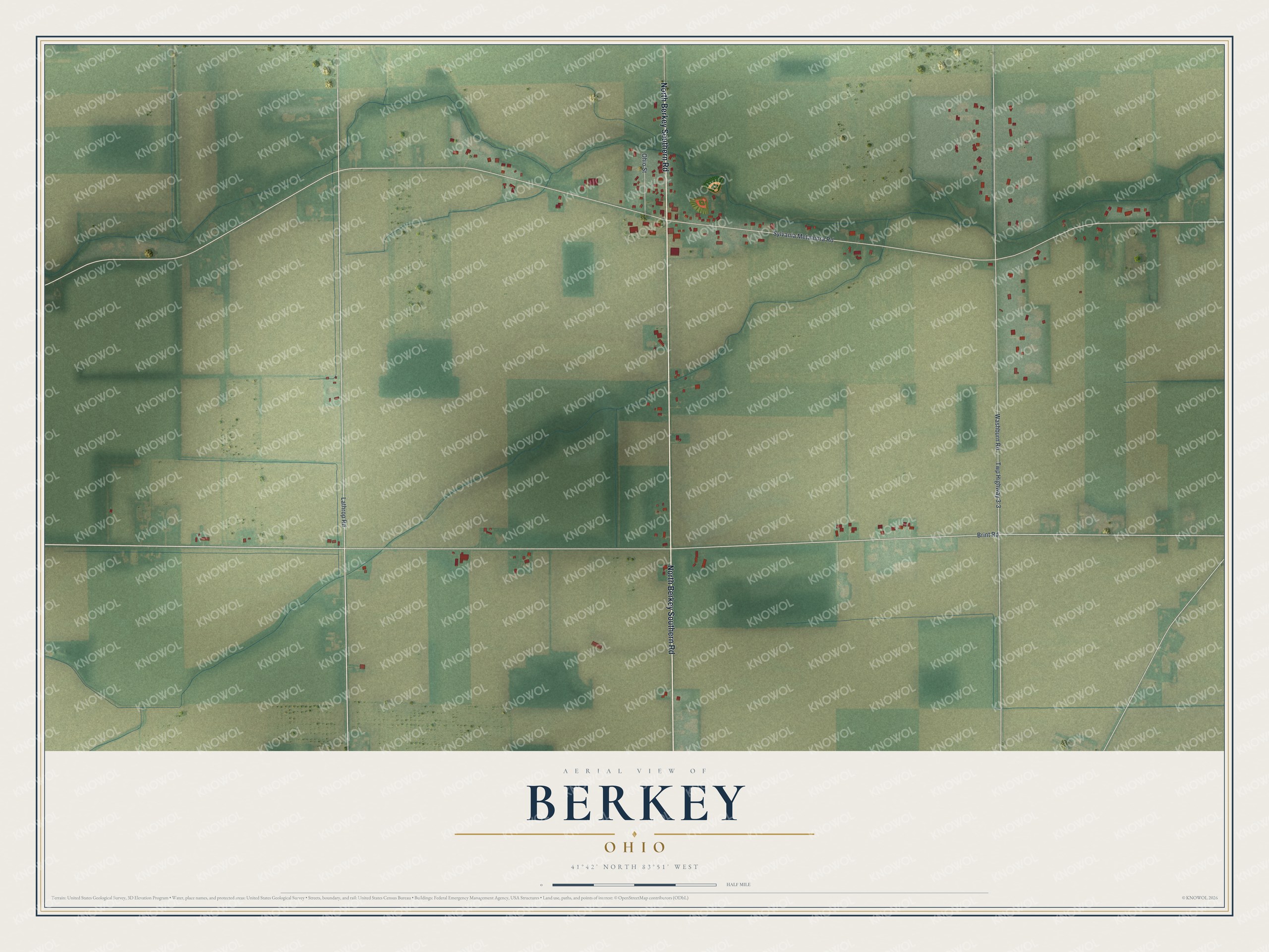 Full map of Berkey, Ohio, with red buildings, printed street names and the land around them