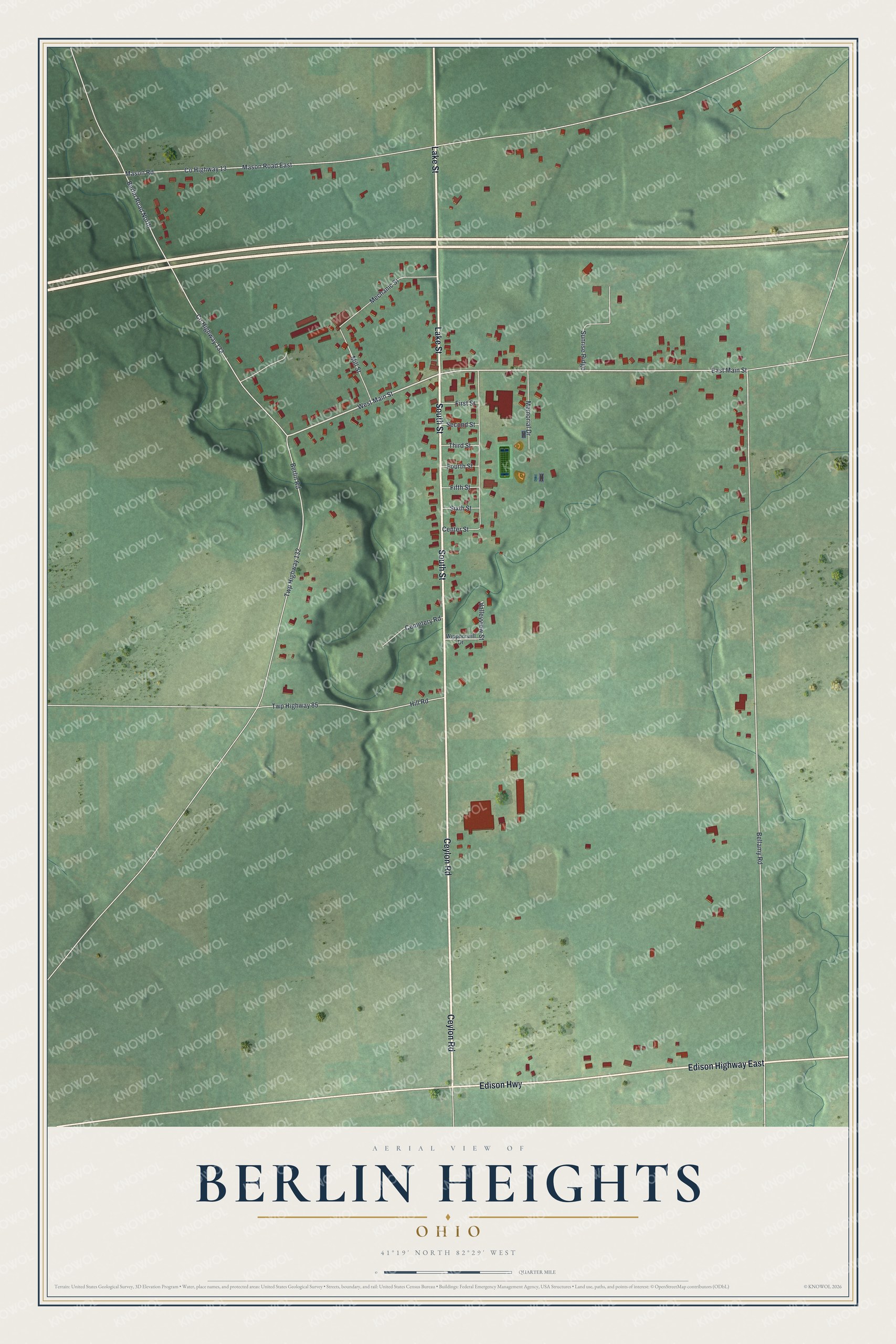 Full map of Berlin Heights, Ohio, with red buildings, printed street names and the land around them