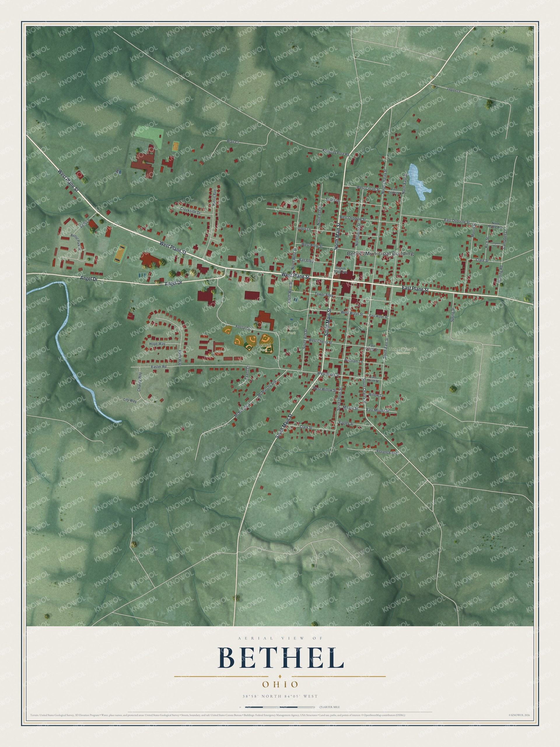 Full aerial map of Bethel, Ohio, with red buildings, pale roads, blue water, green shaded land, and a cream title panel