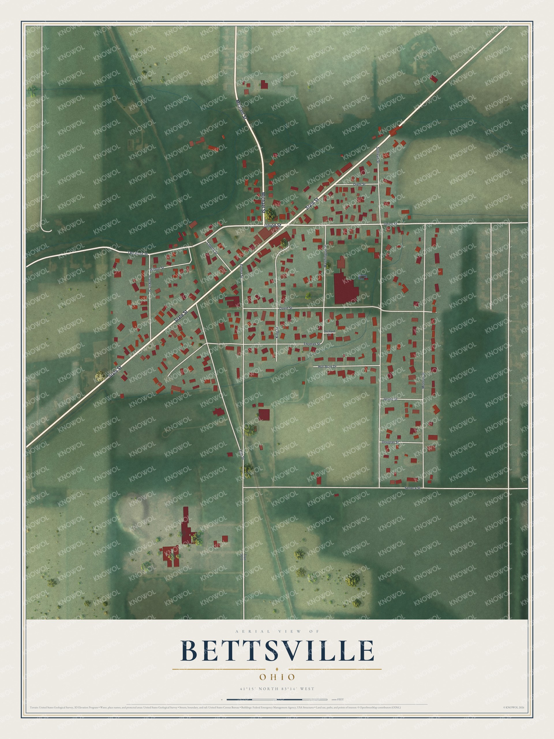 Full map of Bettsville, Ohio, with red buildings, printed street names and the land around them