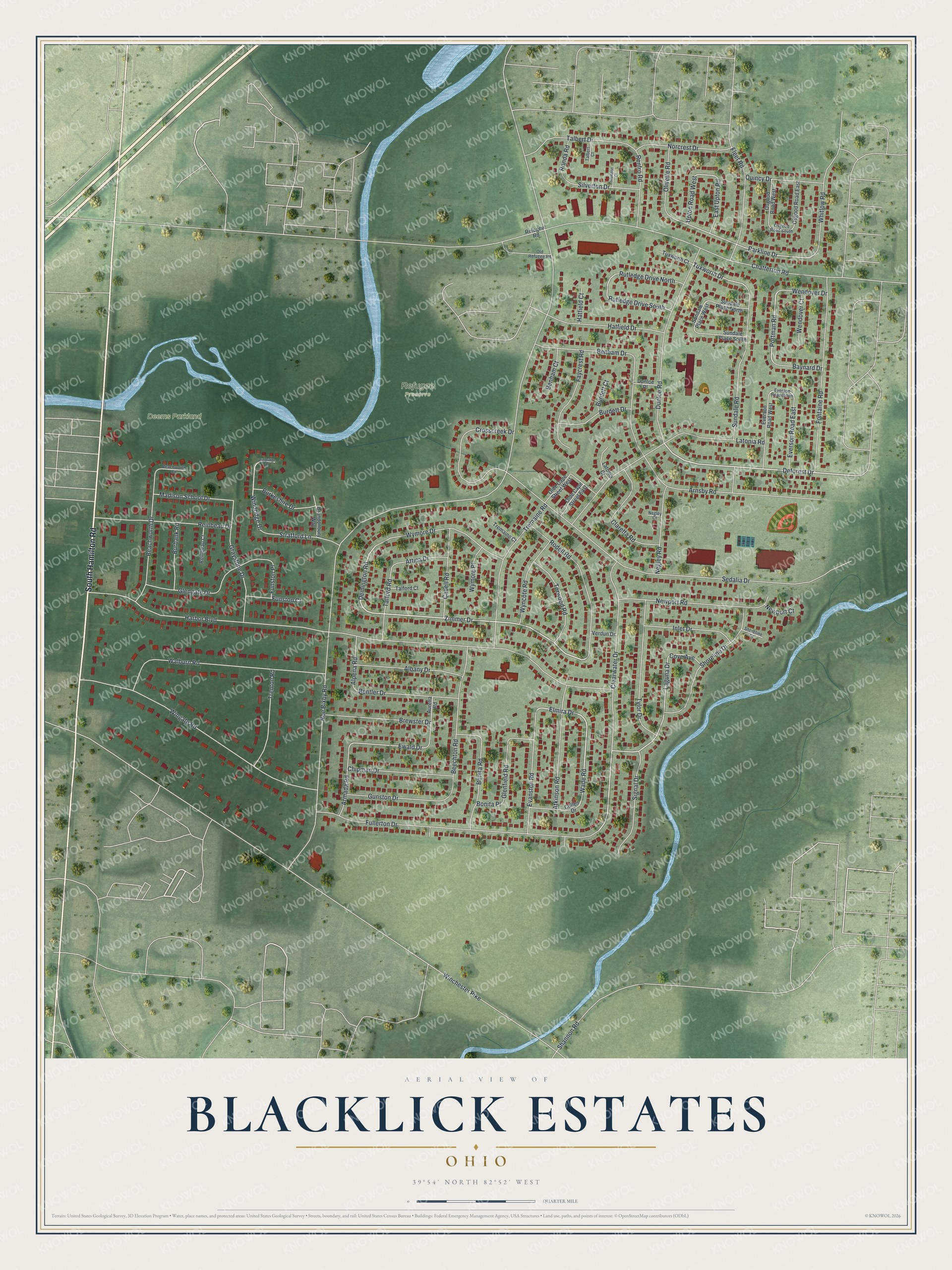 Full map of Blacklick Estates, Ohio, with red buildings, printed street names and the land around them