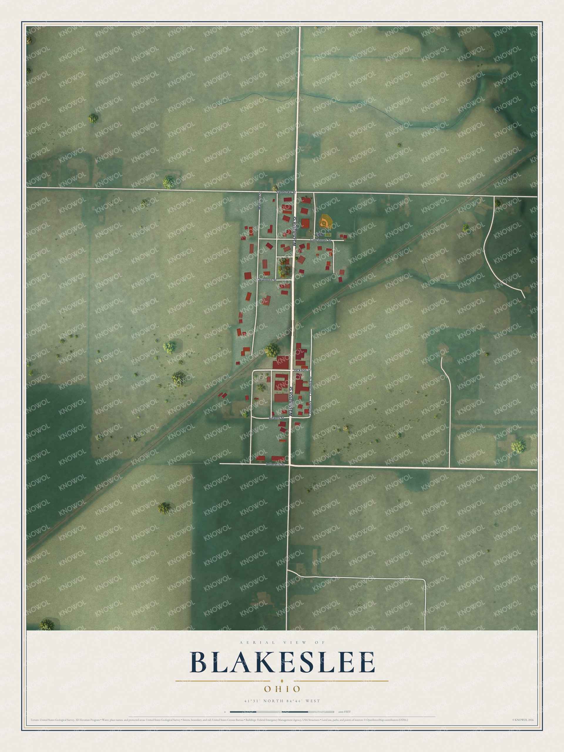 Full map of Blakeslee, Ohio, with red buildings, printed street names and the land around them