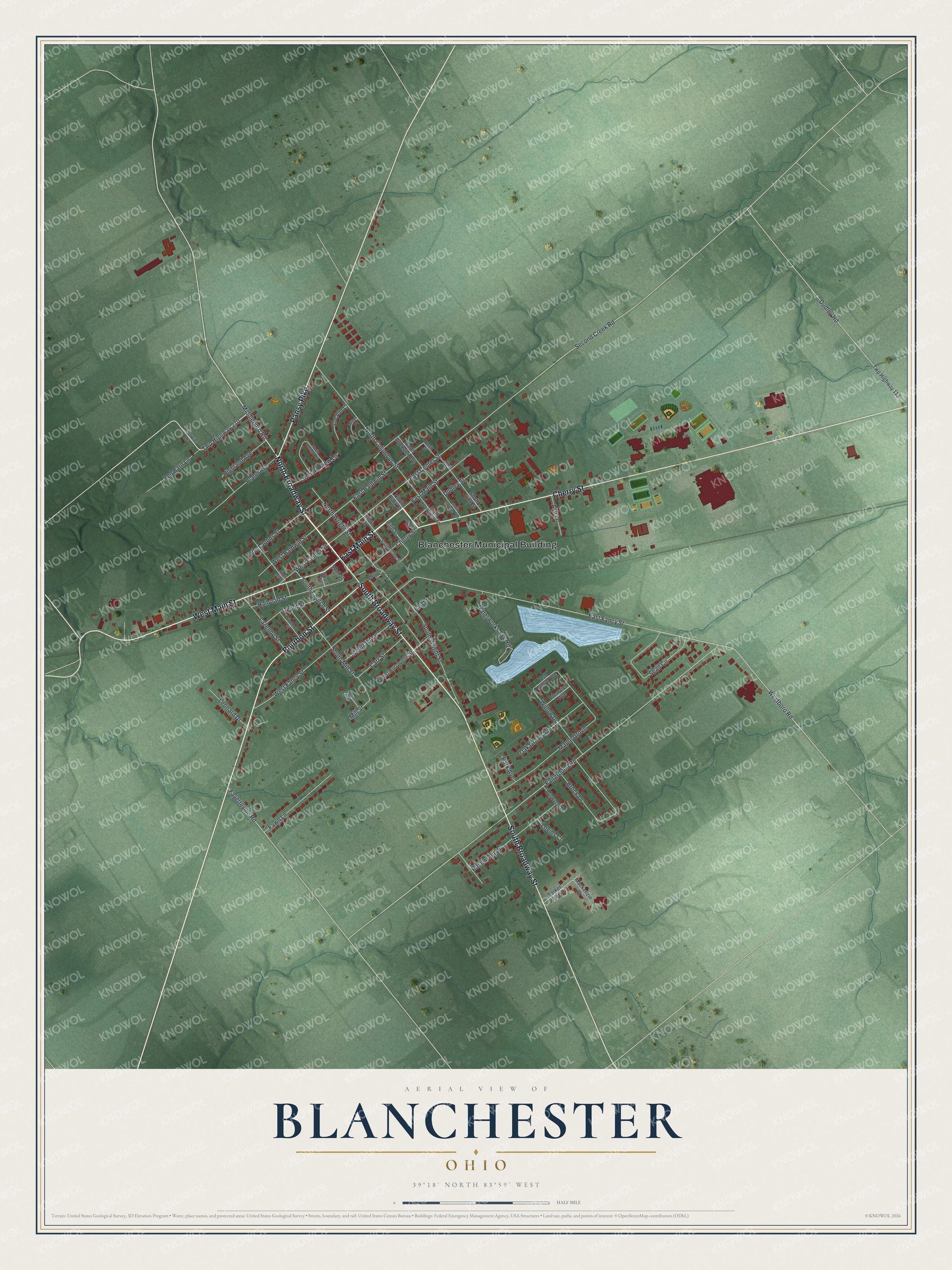 Full map of Blanchester, Ohio, with red buildings, printed street names and the land around them