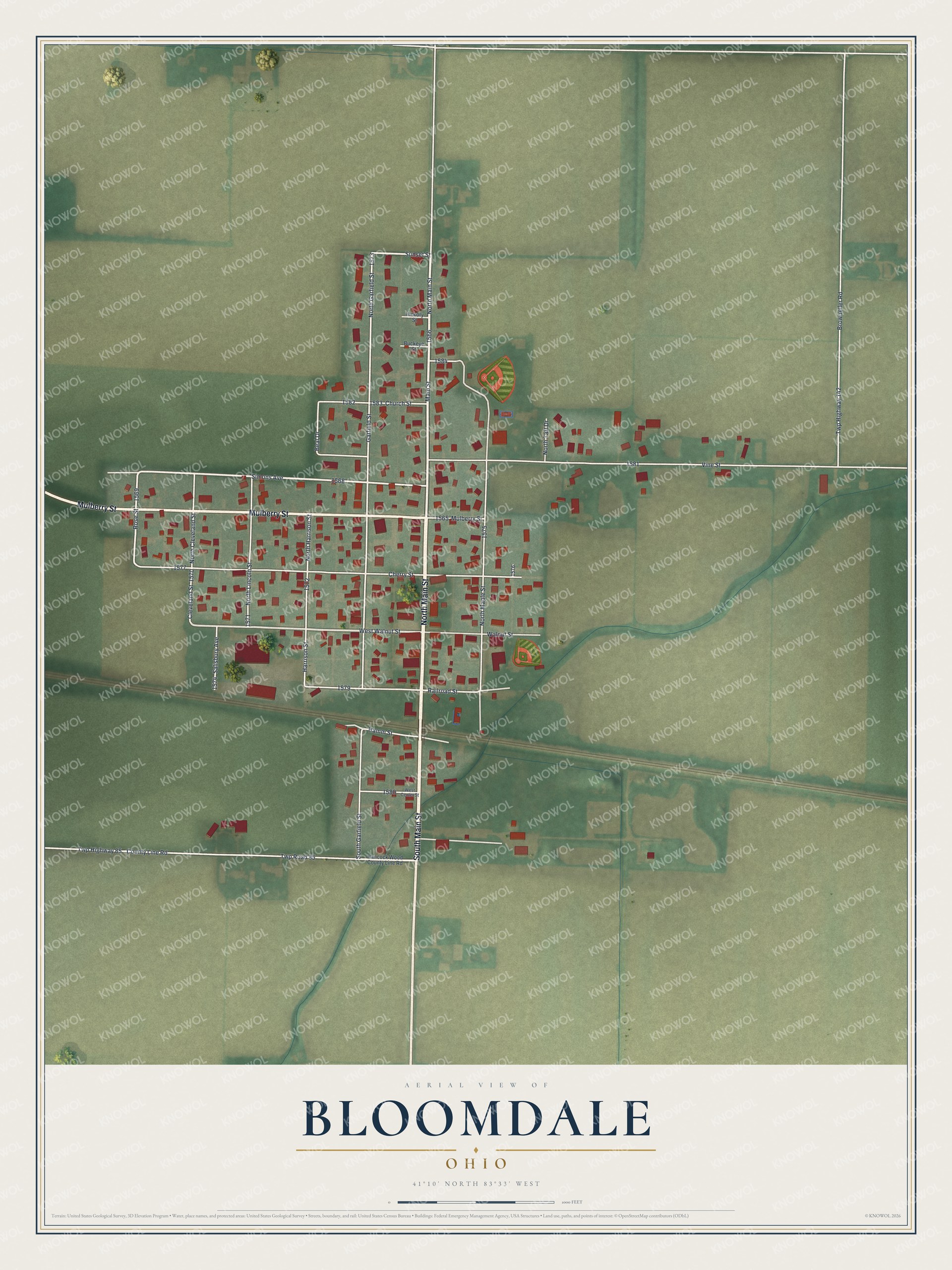 Full map of Bloomdale, Ohio, with red buildings, printed street names and the land around them