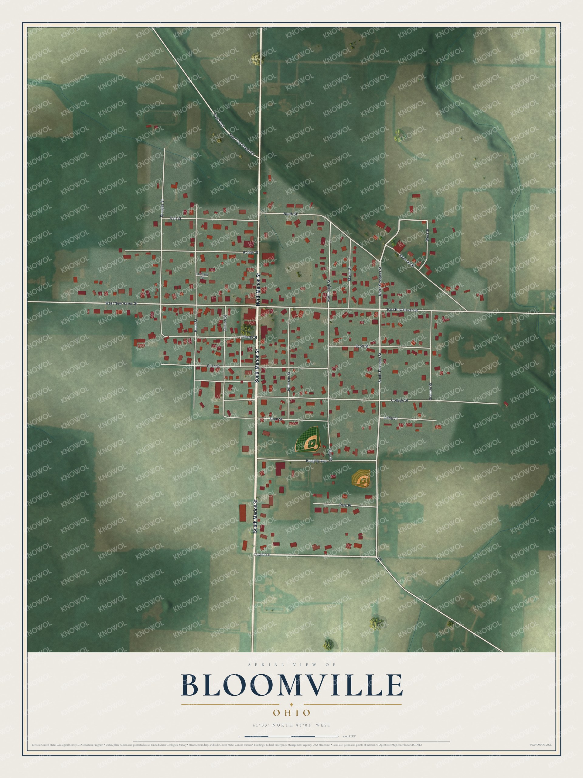 Full map of Bloomville, Ohio, with red buildings, printed street names and the land around them