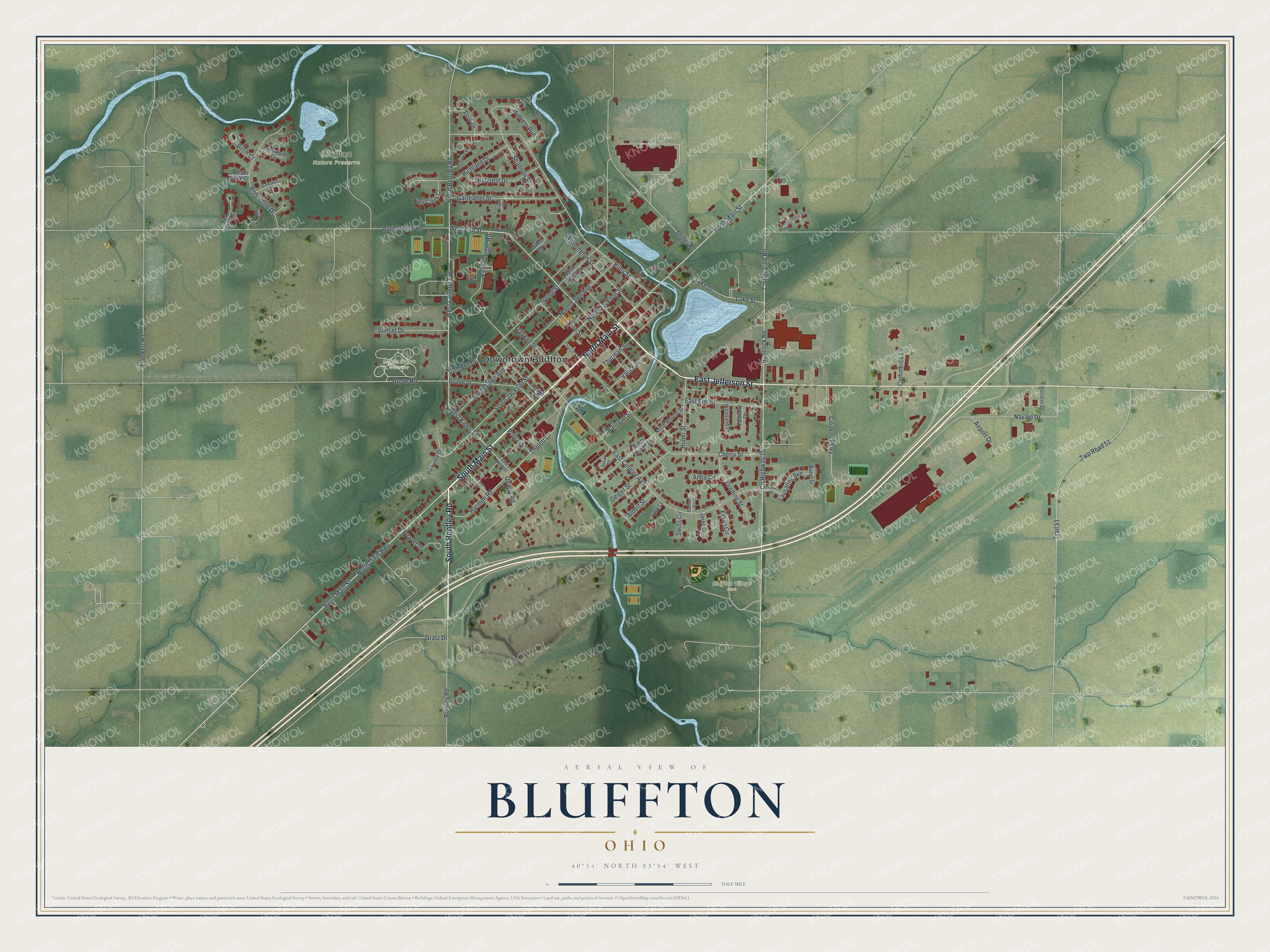 Full map of Bluffton, Ohio, with red buildings, printed street names and the land around them