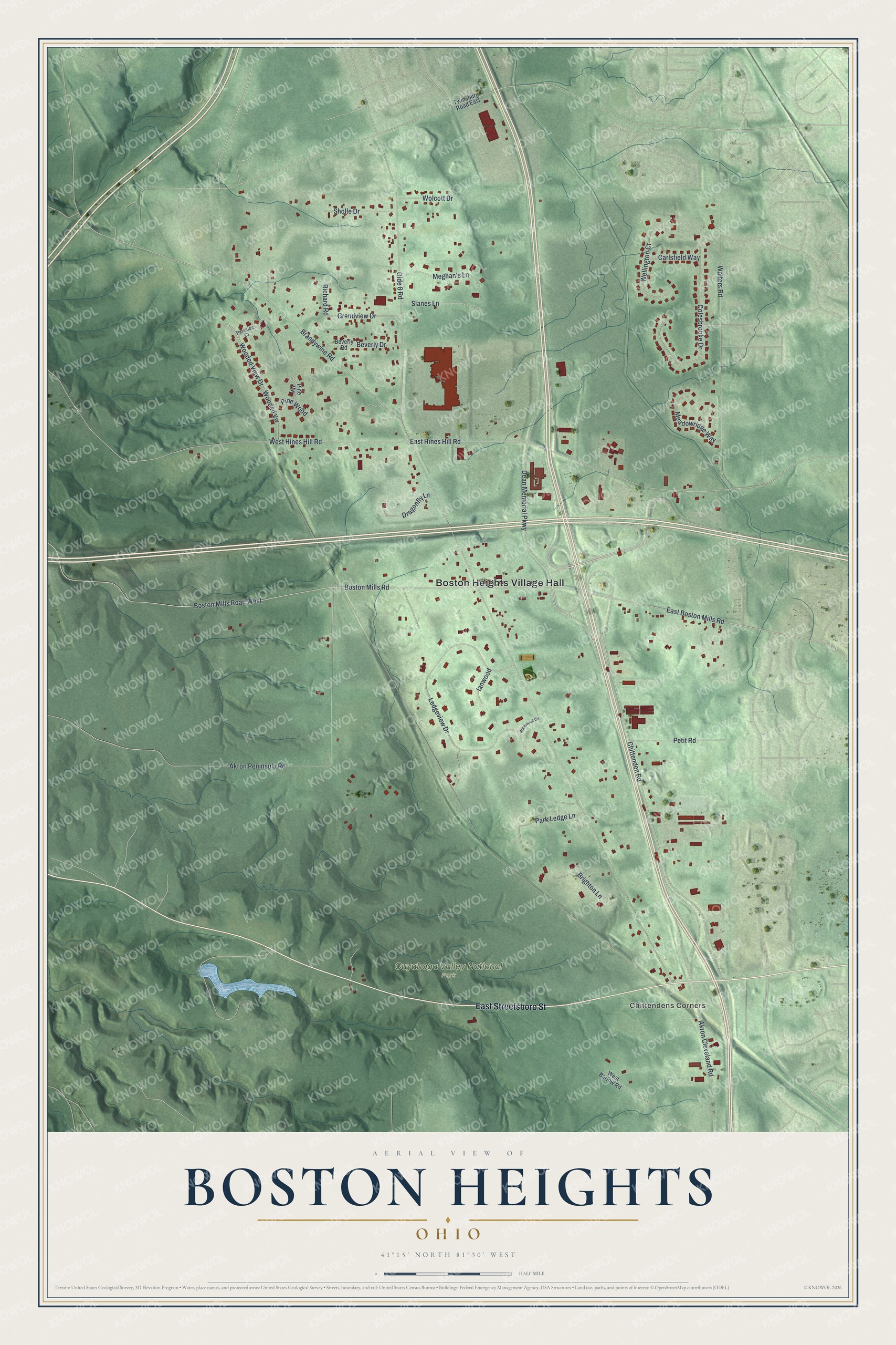 Full map of Boston Heights, Ohio, with red buildings, printed street names and the land around them