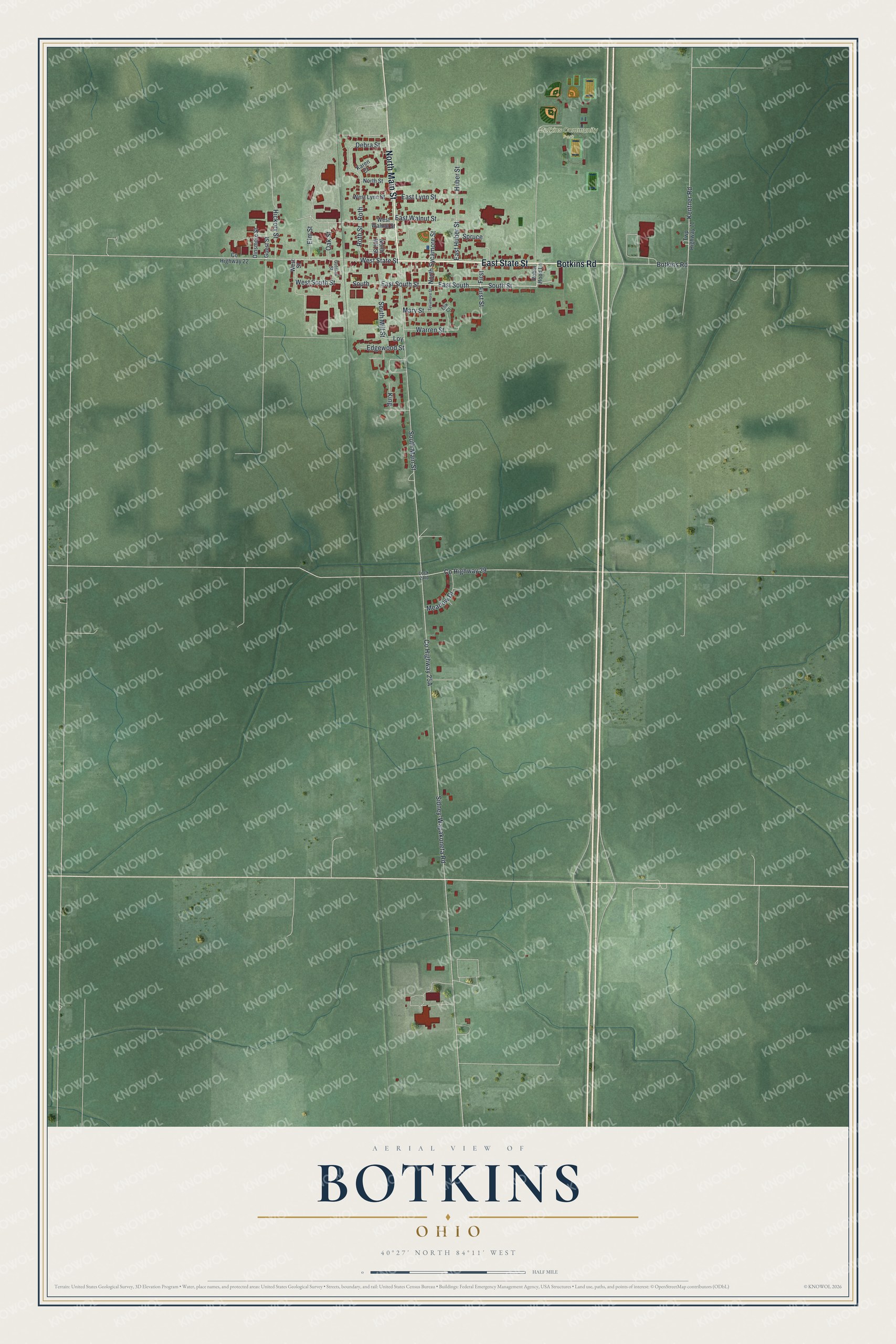 Full map of Botkins, Ohio, with red buildings, printed street names and the land around them