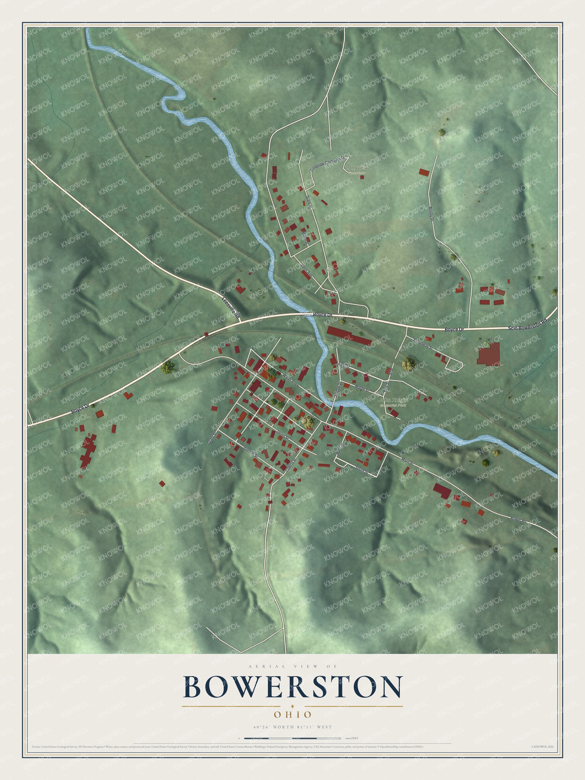 Full map of Bowerston, Ohio, with red buildings, printed street names and the land around them